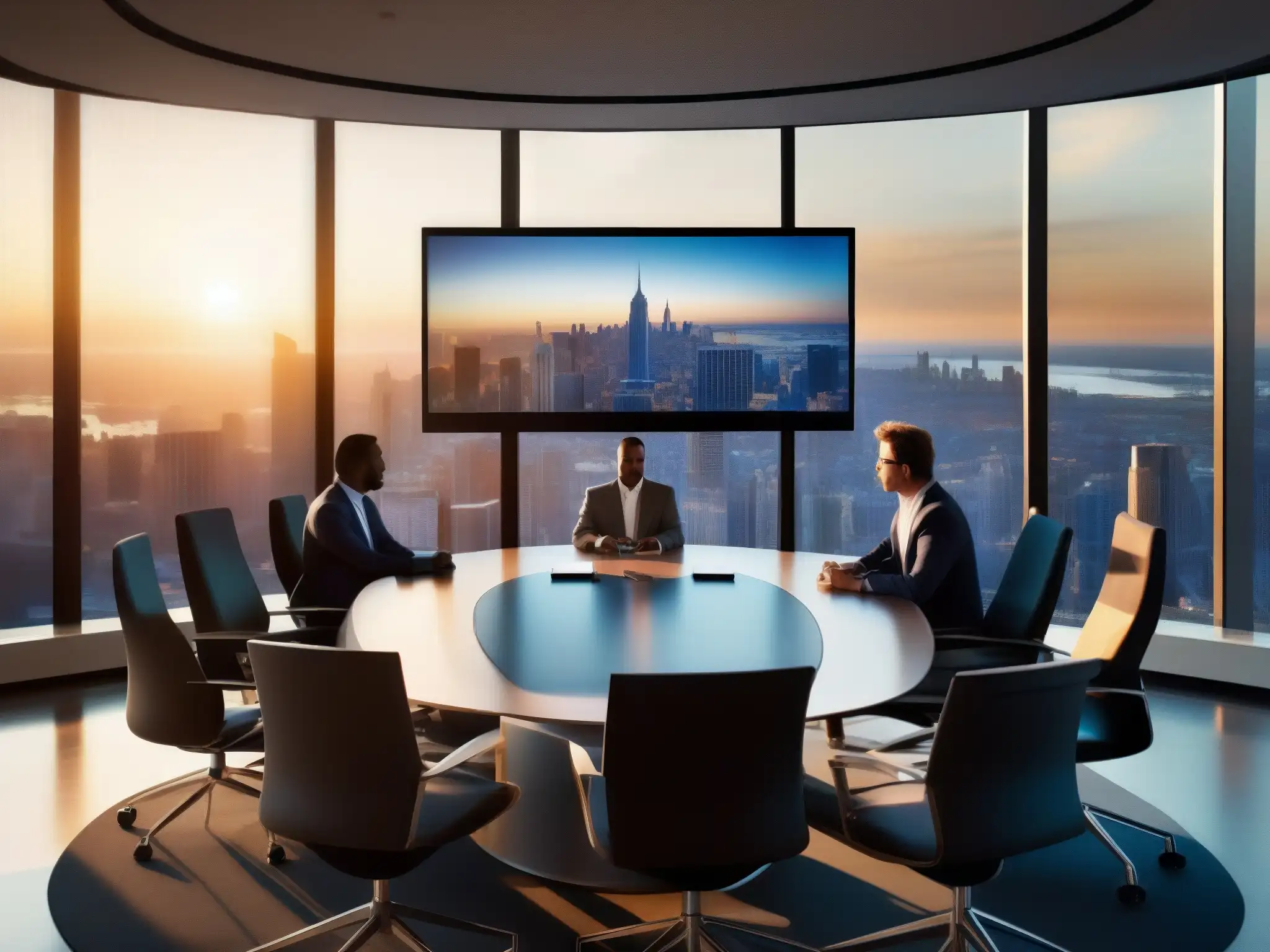 Sala de conferencias futurista con vista panorámica al atardecer Mejora la calidad del vídeo en videoconferencias con tecnología de IA en una moderna sala de conferencias con vista a la ciudad al atardecer