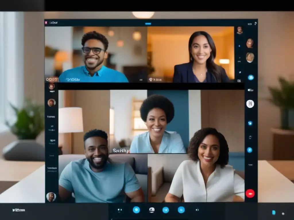Comparación de calidad de video entre Zoom y Skype en ambiente de oficina Comparación de calidad de videoconferencia en entornos oscuros: Zoom con claridad, Skype pixelado, ambiente profesional y cálido
