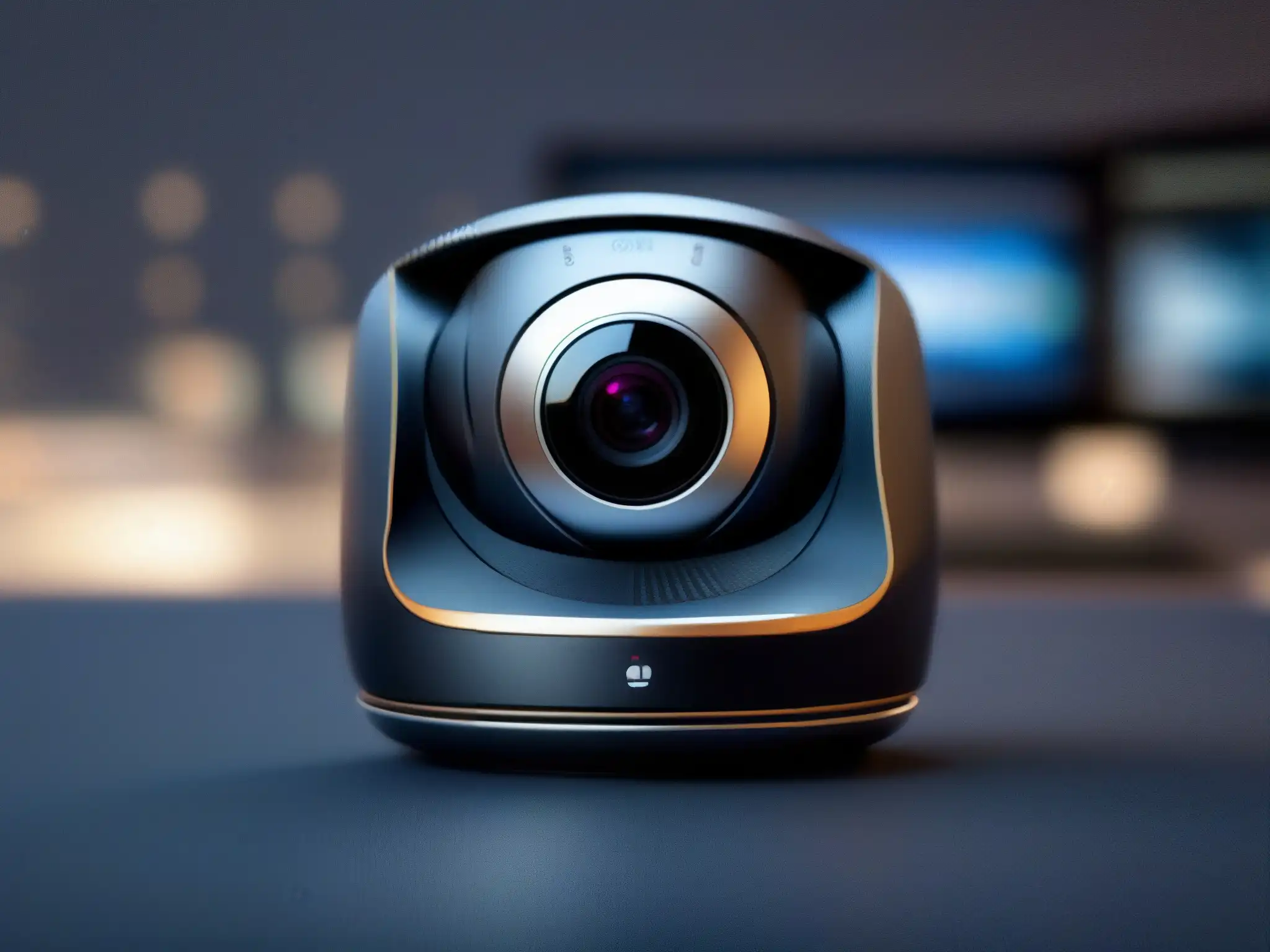 Webcam hightech con seguridad avanzada para videoconferencias Una cámara web de alta tecnología muestra herramientas de videoconferencia seguras en un entorno profesional y educativo futurista
