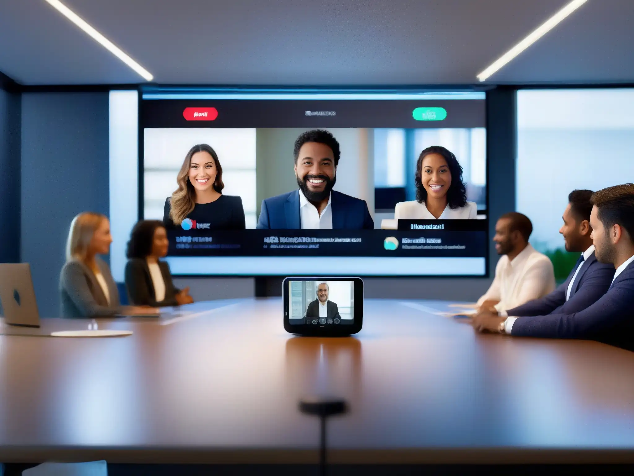 Detalles de cámara de videoconferencia de alta tecnología Una cámara de videoconferencia de alta tecnología capturando expresiones en una reunión virtual