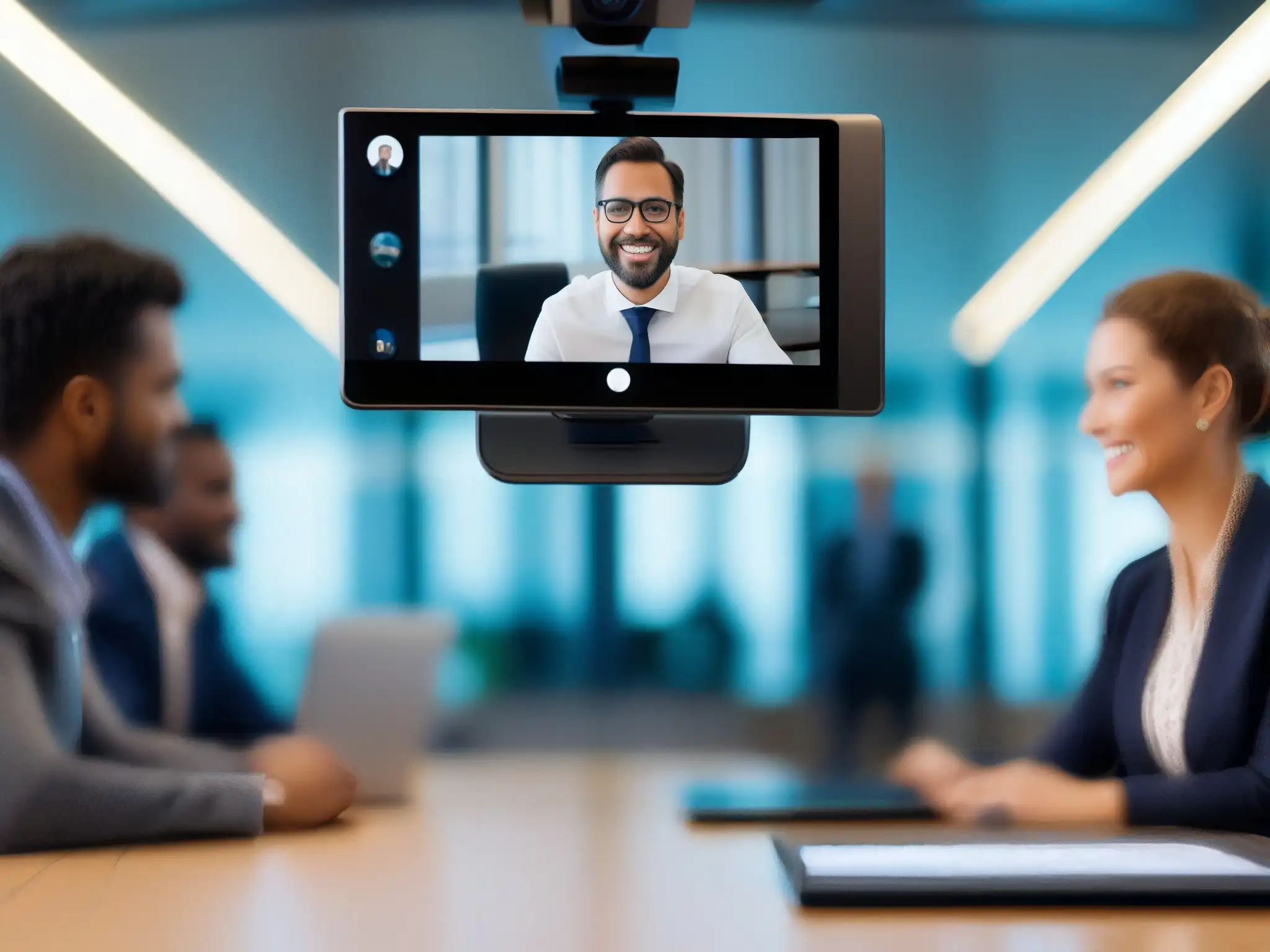 Videoconferencia profesional de alta calidad en sala de juntas Una cámara de videoconferencia de alta tecnología captura una imagen nítida en una sala de juntas, destacando la importancia de las redes de baja latencia en videoconferencias