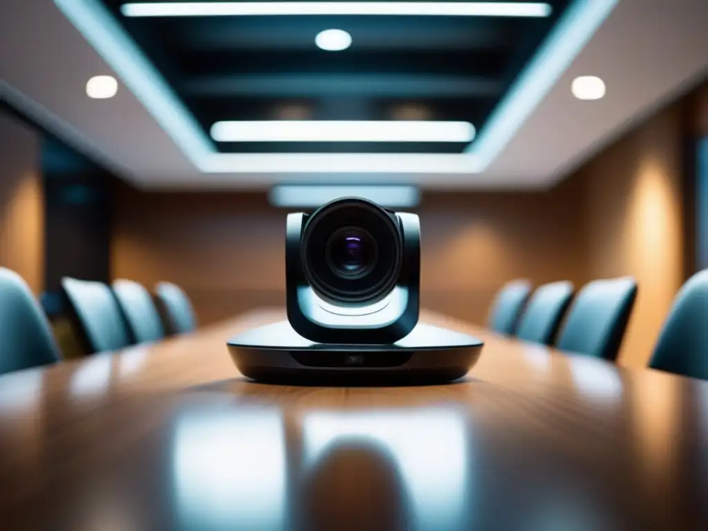 Cámara de videoconferencia moderna en mesa elegante Una cámara de videoconferencias moderna y elegante en una sala de reuniones minimalista