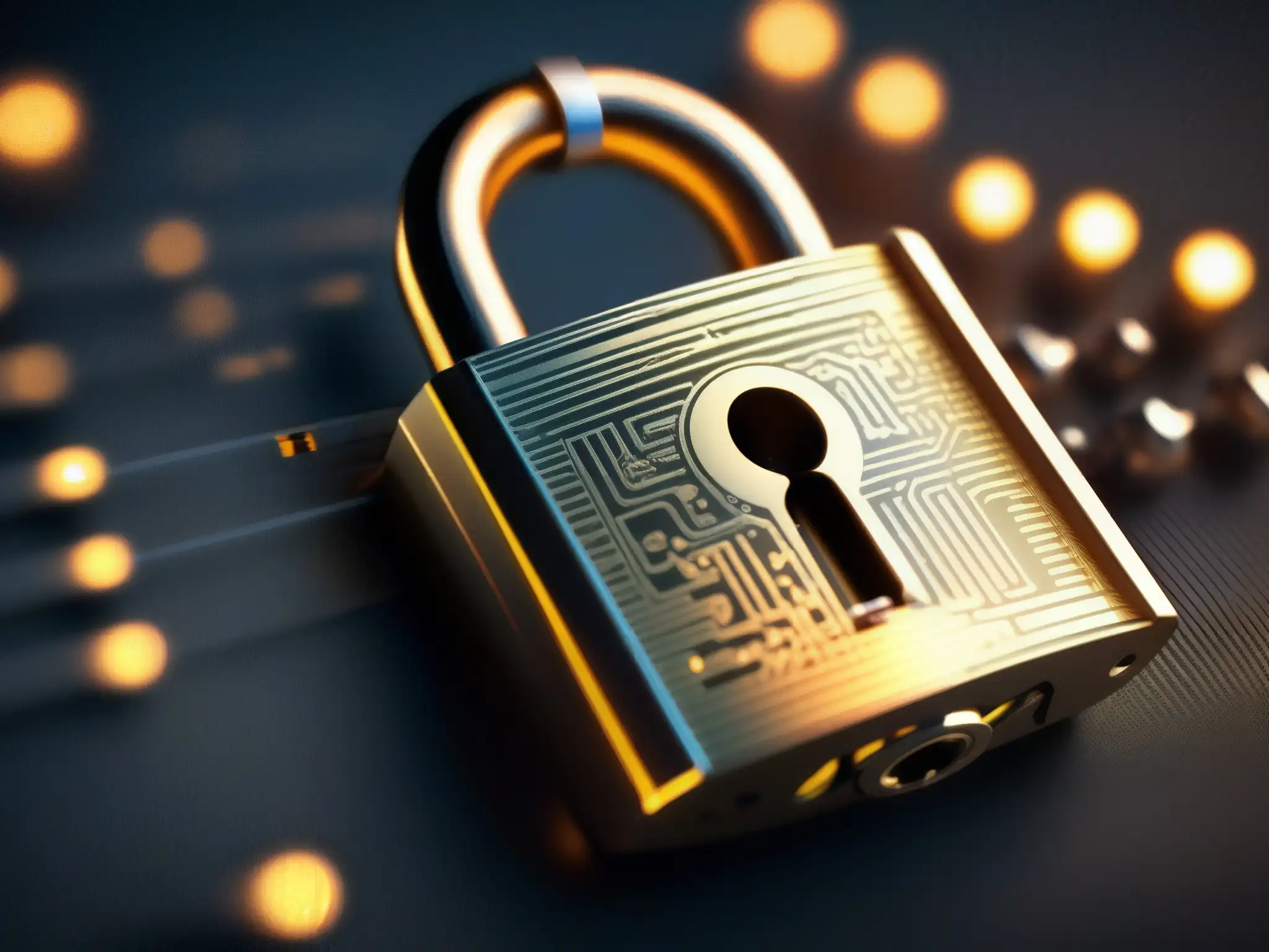 Padlock futurista: detalle ultraclaro y seguro Un candado digital con circuitos brillantes en un fondo oscuro, evocando seguridad futurista
