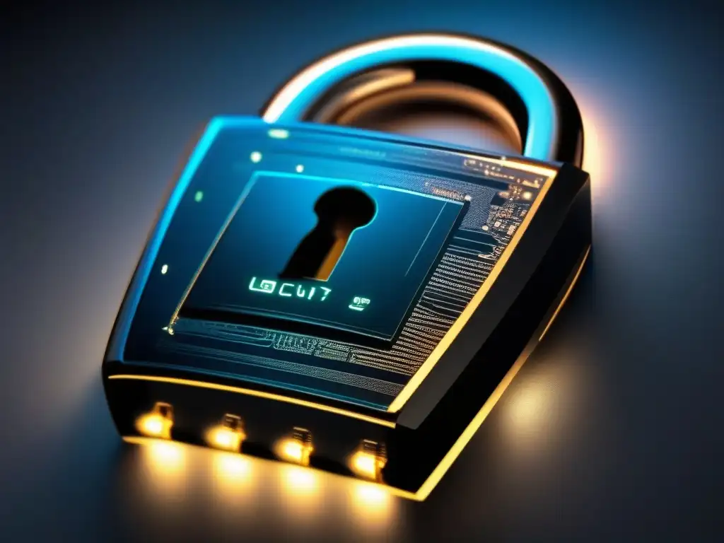 Padlock digital futurista con circuitos brillantes Un candado digital futurista con circuitos brillantes, reflejos metálicos y un fondo oscuro, transmite tecnología avanzada y seguridad