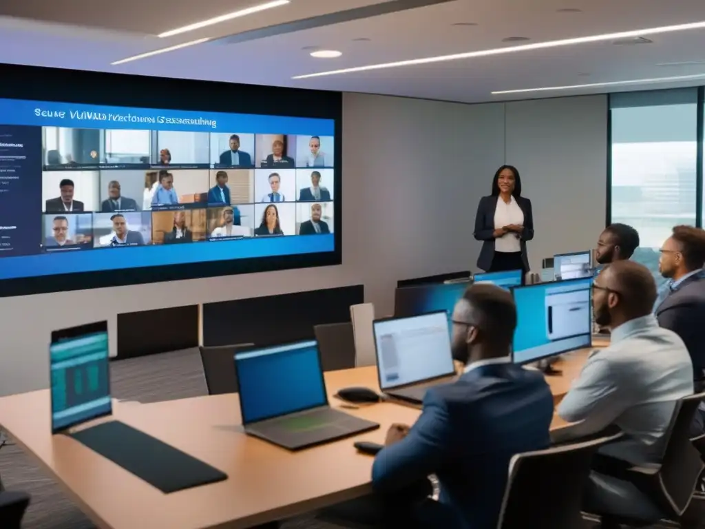 Entrenamiento en videoconferencias seguras: aprendizaje interactivo Capacitación en videoconferencias seguras en aula moderna con profesionales diversos aprendiendo prácticas de seguridad en reuniones virtuales