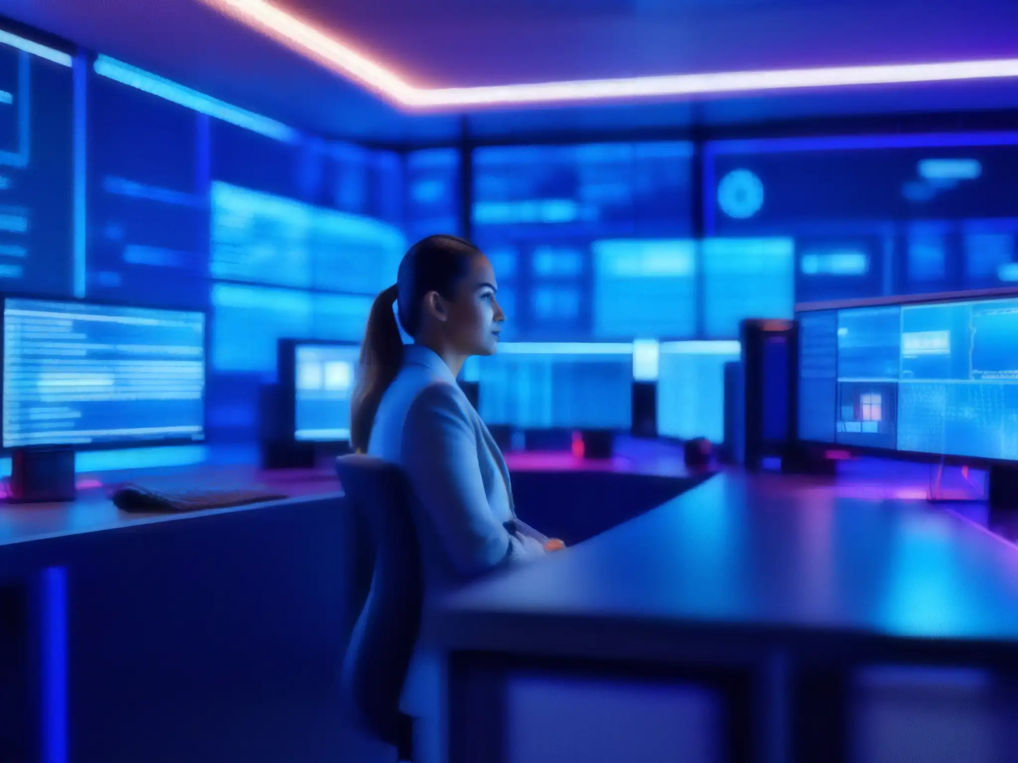 Centro de Ciberseguridad 8k: Expertos en Acción Un centro de ciberseguridad ultradetallado en 8k muestra monitores con datos, tráfico en red y alertas de seguridad en luz azul