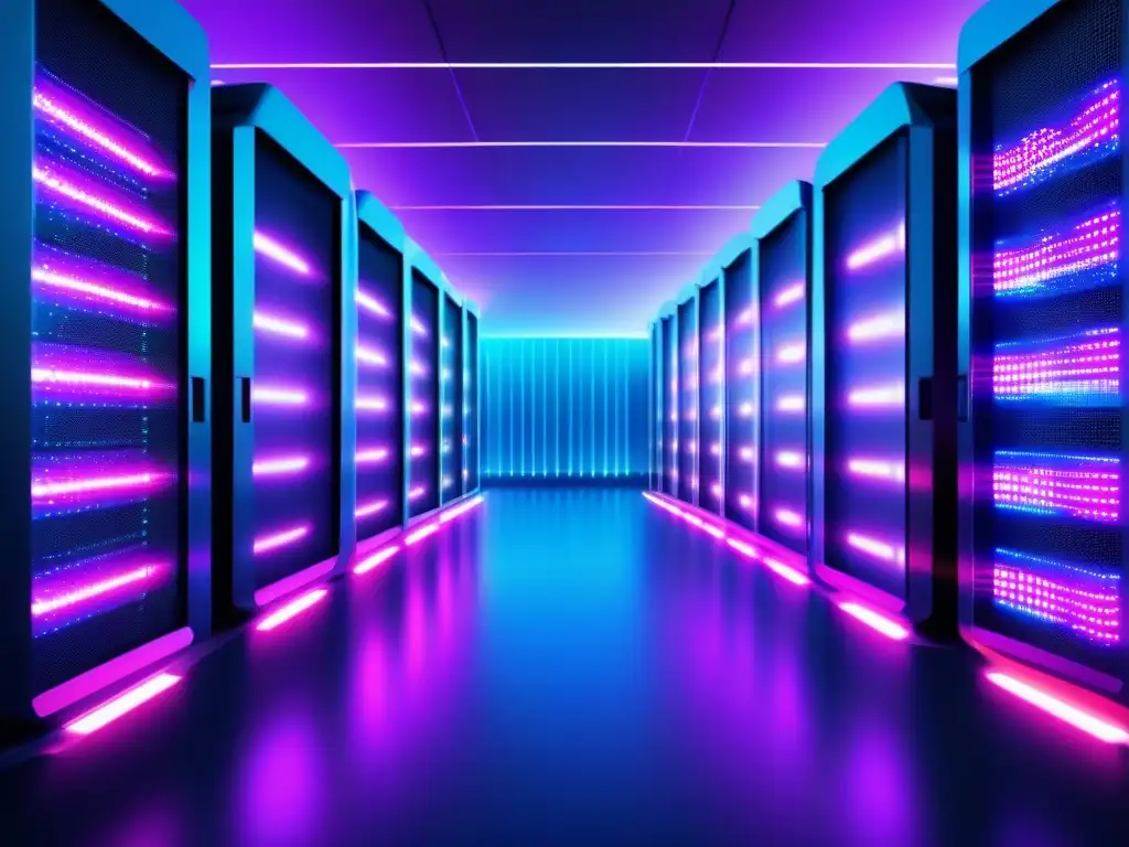 Centro de datos en la nube: Tecnología de vanguardia Un centro de datos futurista y eficiente, con servidores iluminados por luces LED, mejora almacenamiento videoconferencias cloud