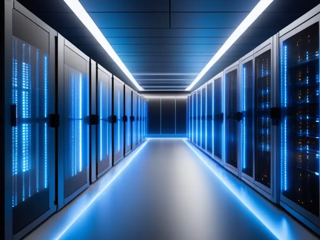 Centro de datos ecoeficiente: tecnología y sostenibilidad en armonía Un centro de datos moderno y eficiente en energía, con servidores ordenados e iluminación futurista