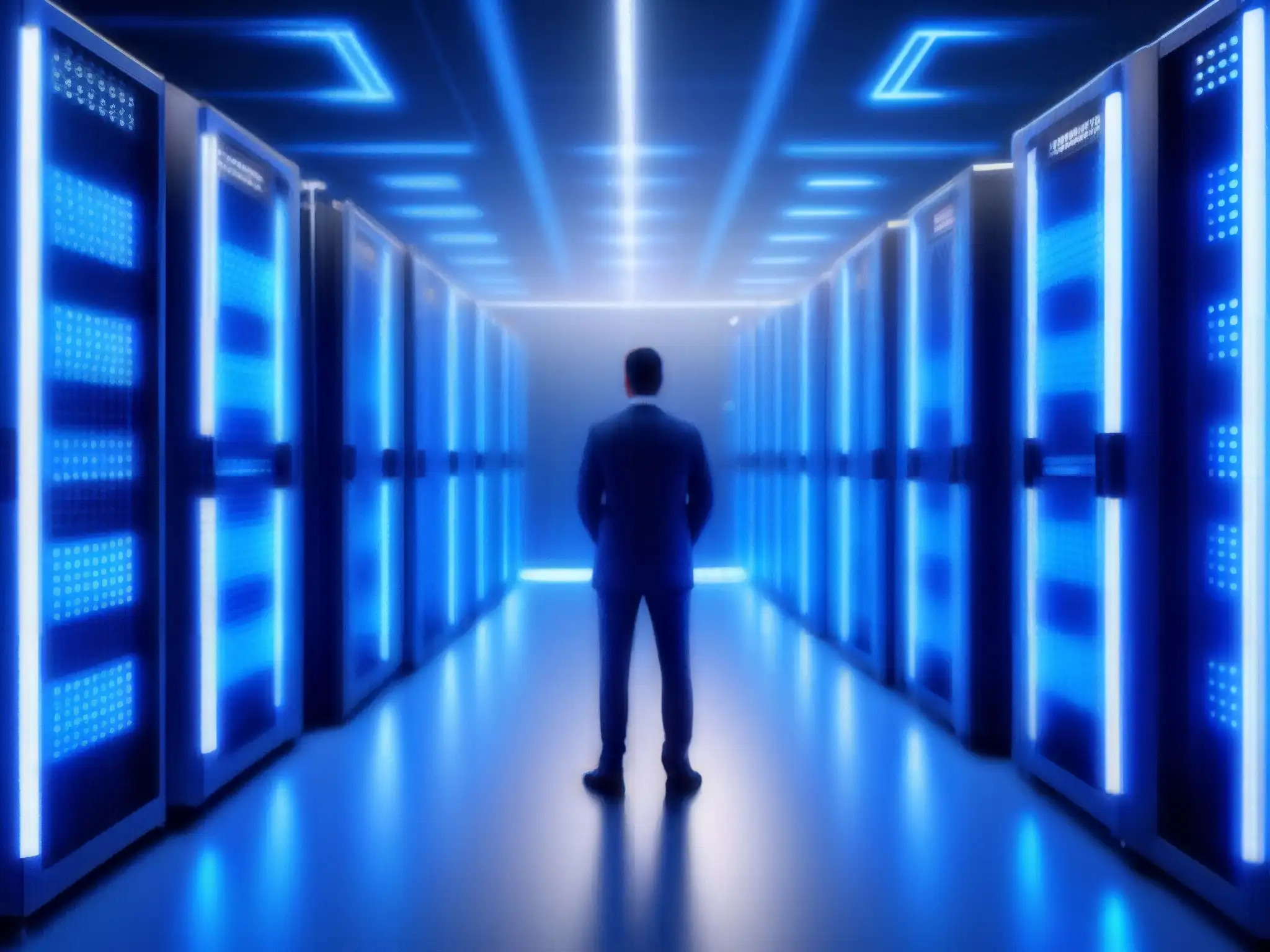 Centro de datos futurista: Eficiencia y tecnología de vanguardia Centro de datos moderno y eficiente, con filas de servidores interconectados y cables de fibra óptica