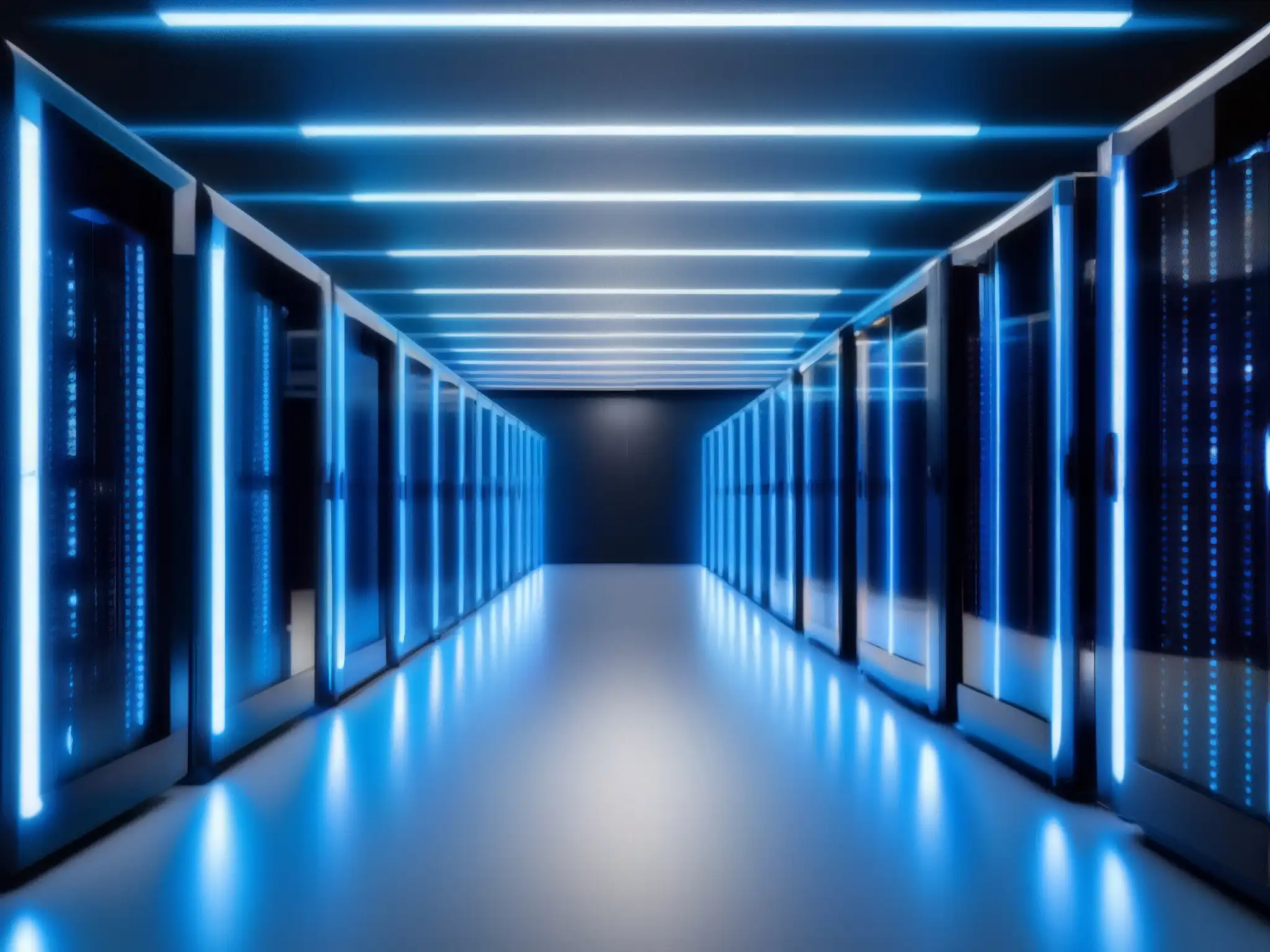 Centro de datos moderno y seguro para videoconferencias en la nube Un centro de datos moderno y seguro, con servidores ordenados y luces LED