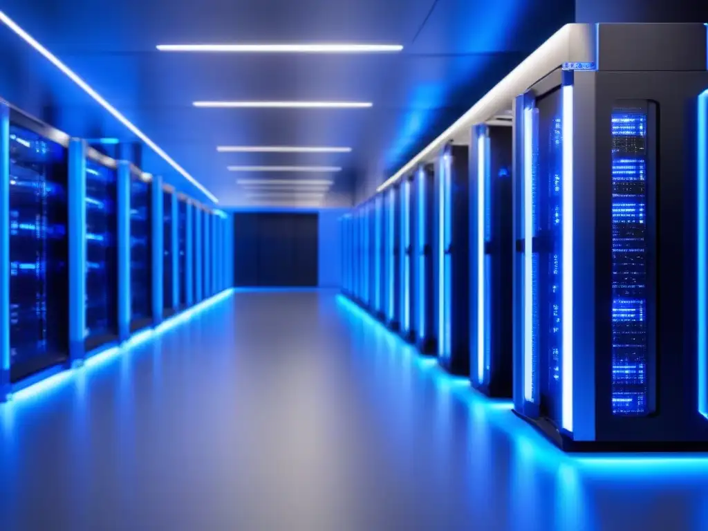 Centro de datos vanguardista: eficiencia energética y tecnología de punta Un centro de datos de última generación con racks de servidores metálicos resplandeciendo en luz azul, control de energía en tiempo real