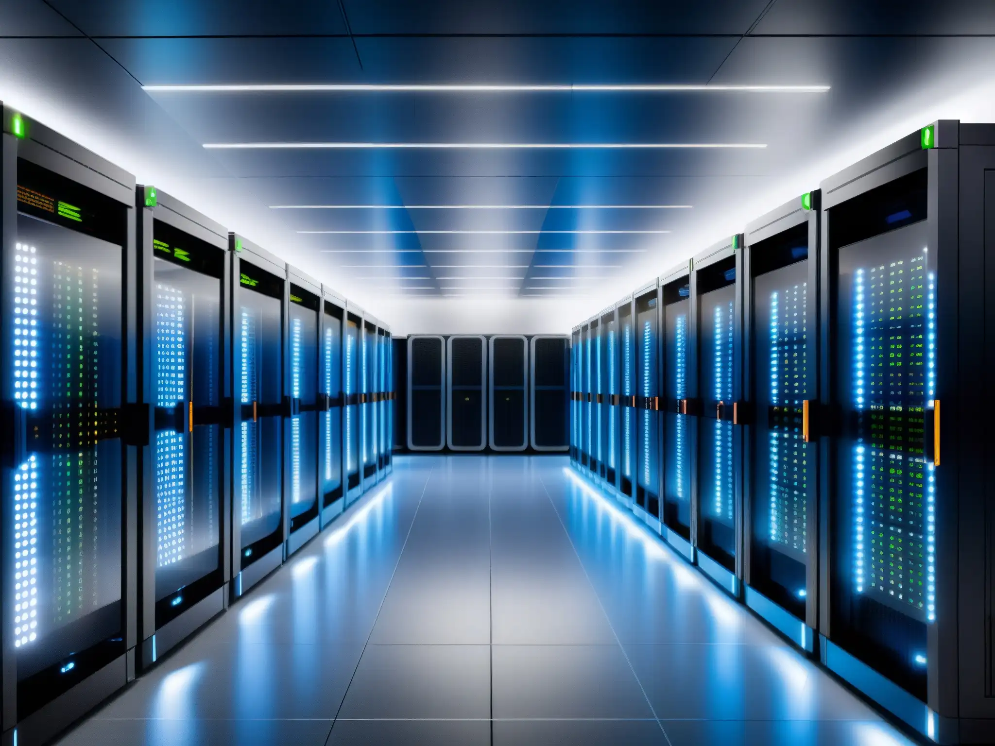 Centro de Datos Futurista: Eficiencia y Sustentabilidad Un centro de datos de última generación, eficiente y sostenible, con servidores modernos y sistemas de enfriamiento avanzados