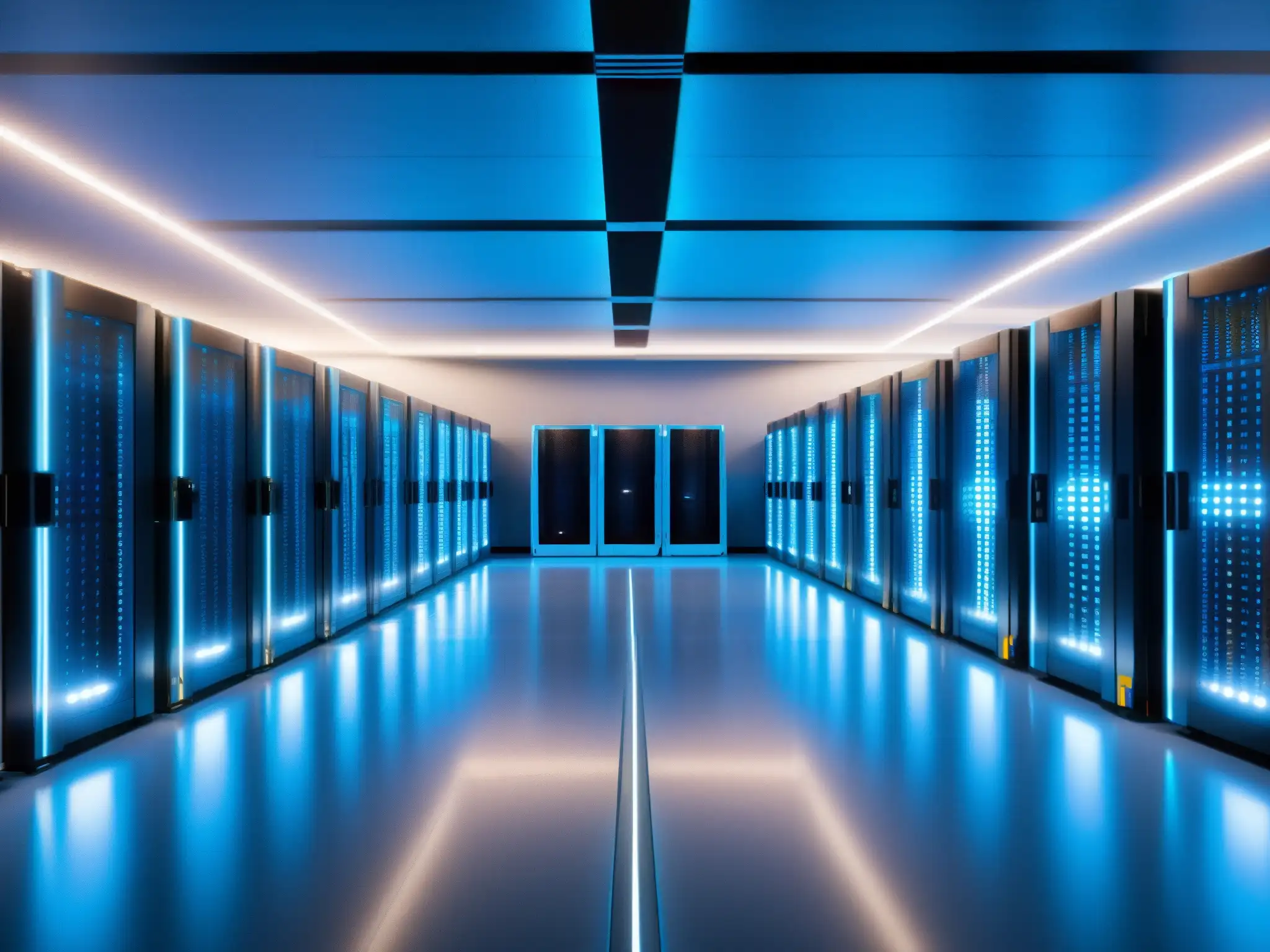Centro de datos de última generación: eficiencia y tecnología de vanguardia Un centro de datos ultramoderno con servidores ordenados y sistemas de refrigeración eficientes, iluminado con un suave resplandor azul