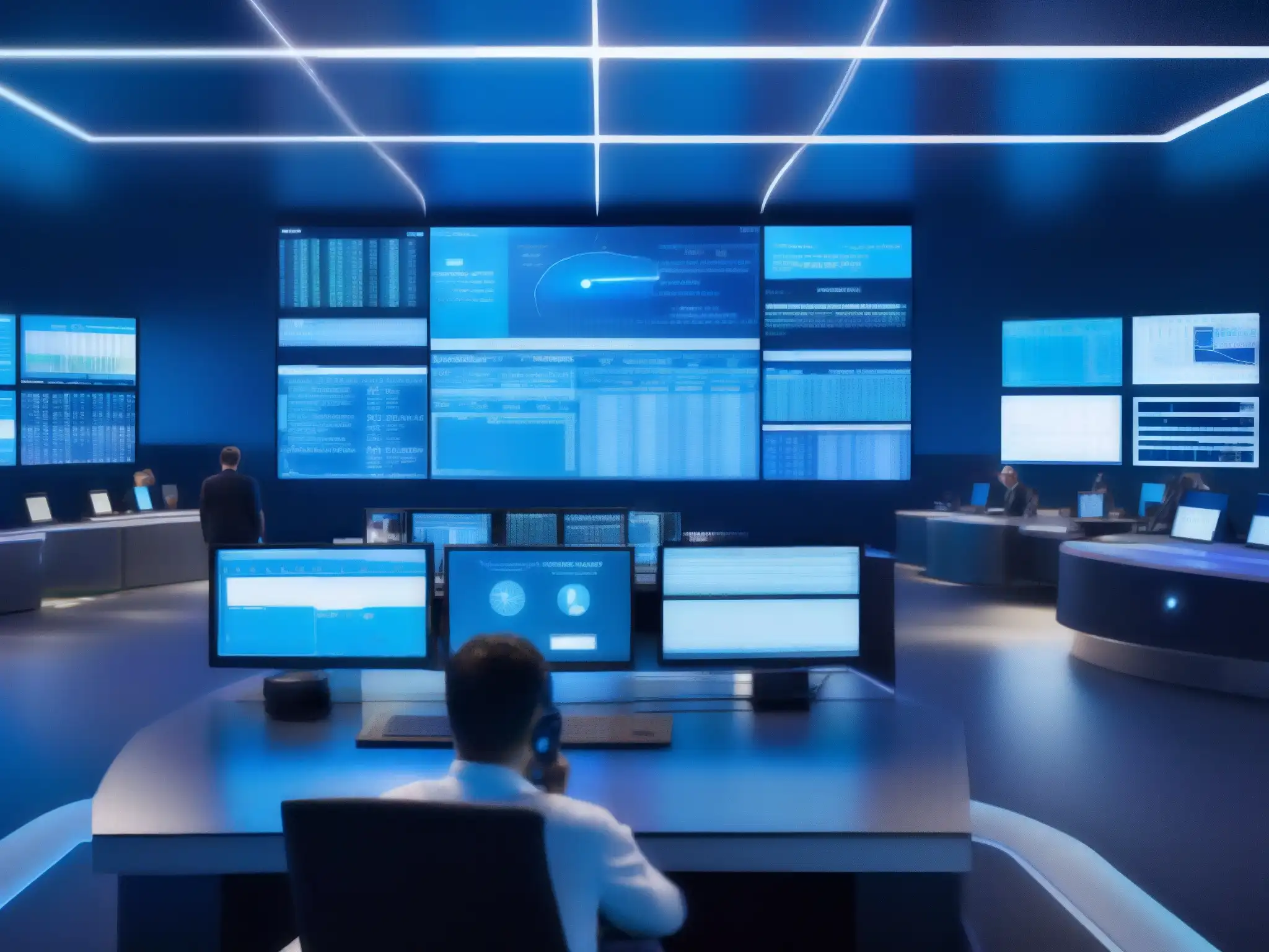 Centro de Operaciones de Red Futurista: Tecnología Eficiente Centro de operaciones de red futurista con técnicos monitoreando datos en pantallas grandes