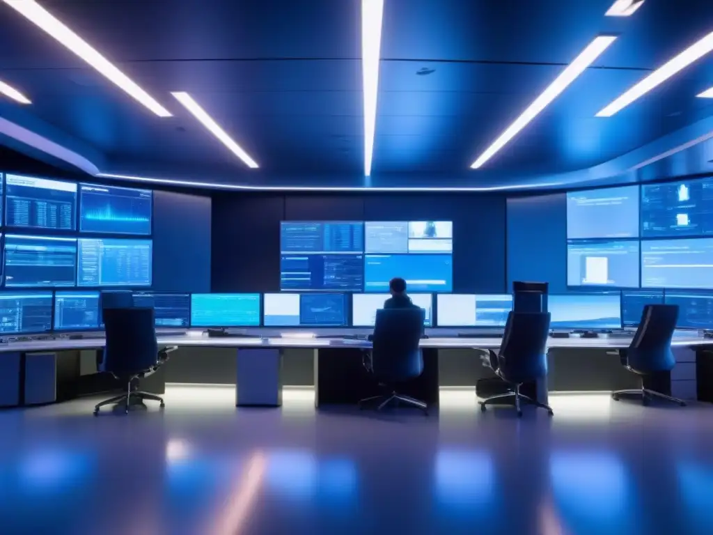 Centro de Operaciones de Red de Alta Tecnología en Acción Centro de operaciones de red moderno con monitores de datos en tiempo real y técnicos trabajando
