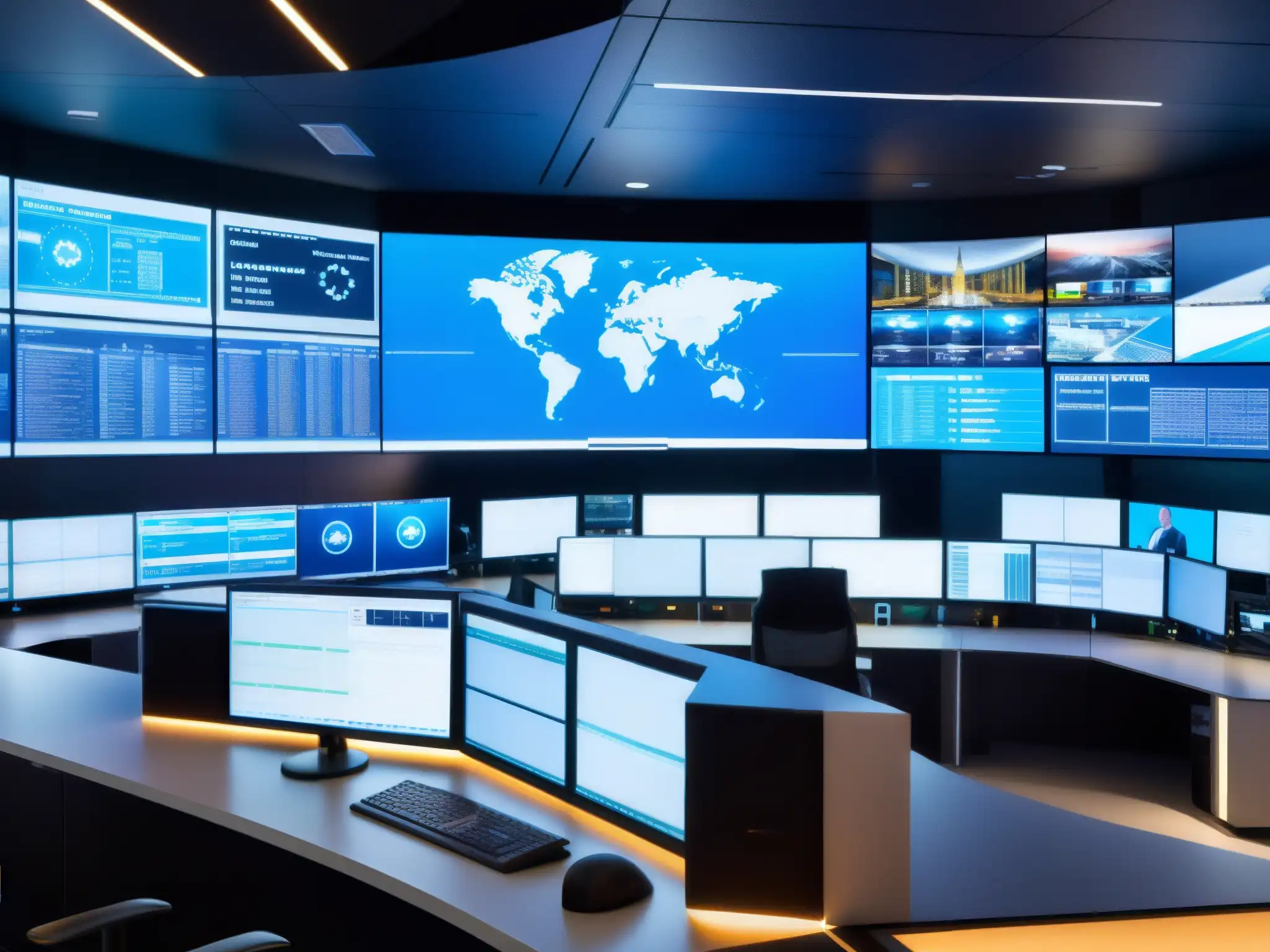 Centro de Operaciones de Seguridad Avanzada: Monitoreo en Tiempo Real Centro de operaciones de seguridad (SOC) de alta tecnología con monitores de video de datos en tiempo real y profesionales en trajes de negocios