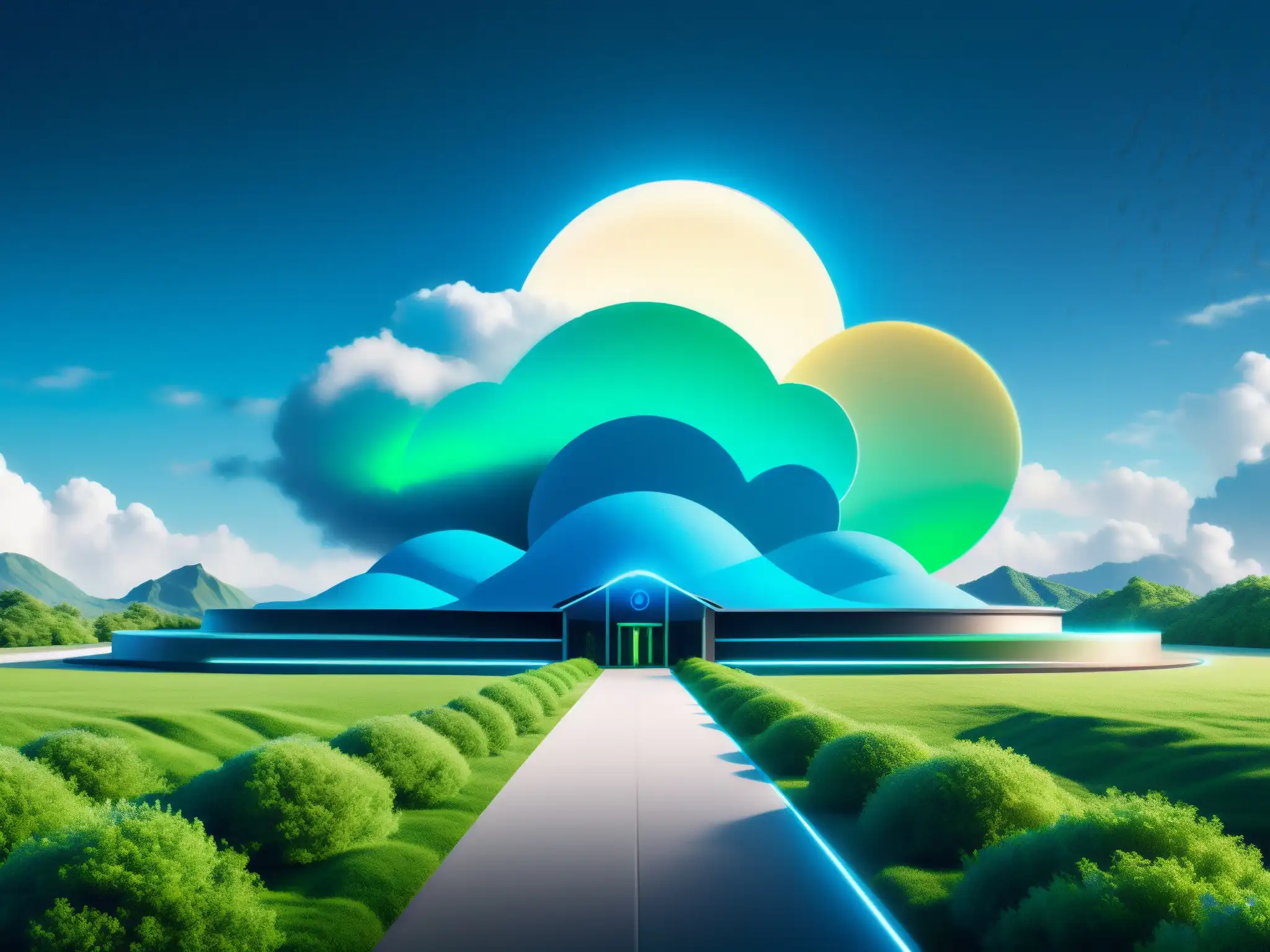 Centro de servidores en la nube futurista: 8K Un centro de servidores en nube futurista, con luces azules y verdes, integrado con la naturaleza
