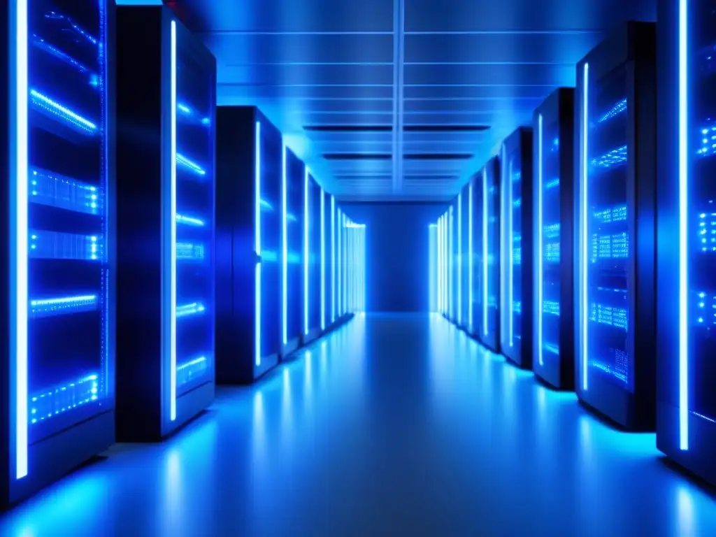 Sala de servidores en la nube: eficiencia y tecnología de vanguardia Un centro de servidores en la nube moderno y ordenado, iluminado en azul, transmite eficiencia y alta tecnología