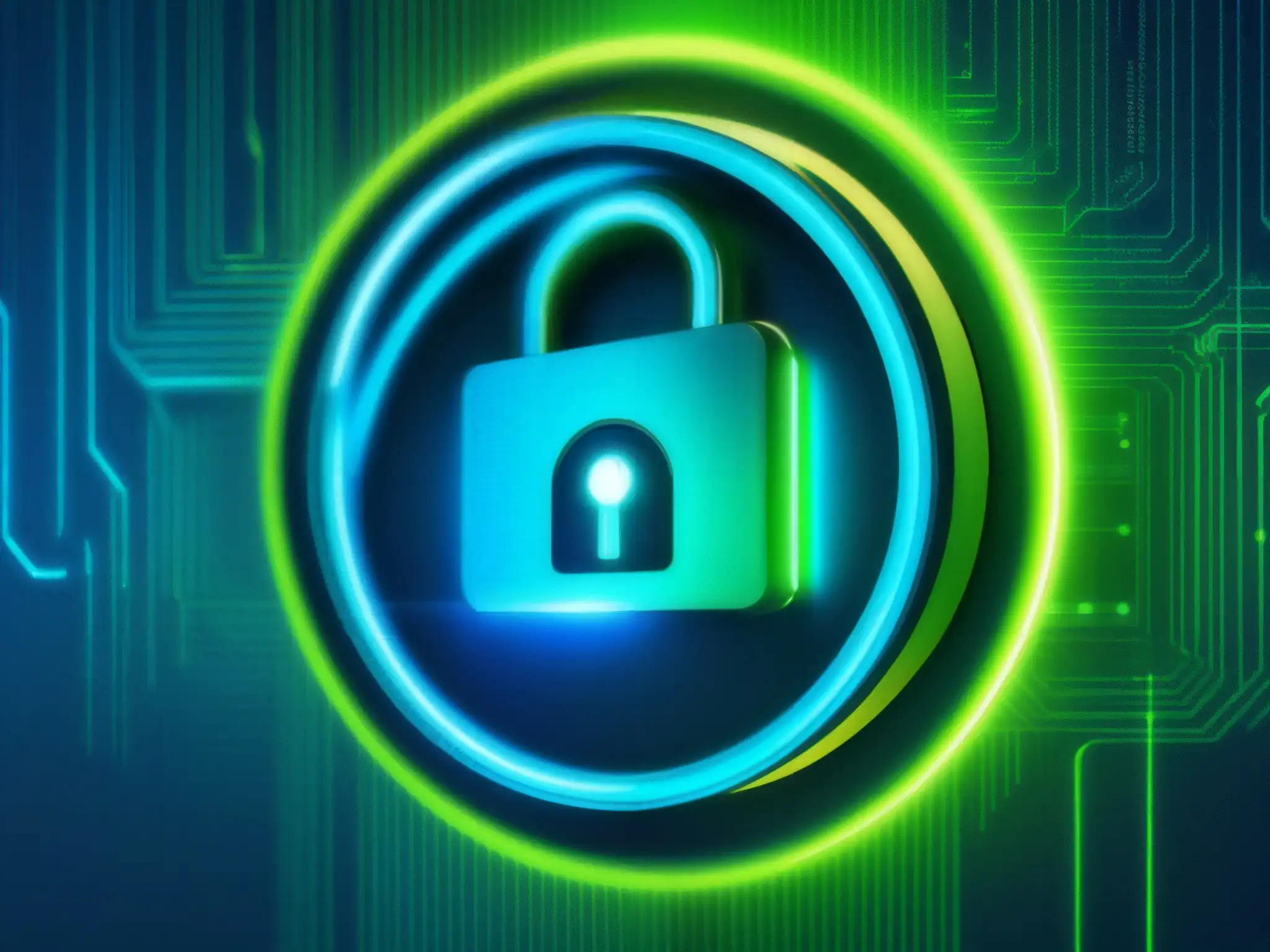 Cerradura digital futurista con codificación de alta seguridad Un cierre ultradetallado de un candado digital con complejos protocolos de encriptación en tonos azules y verdes, transmitiendo seguridad futurista
