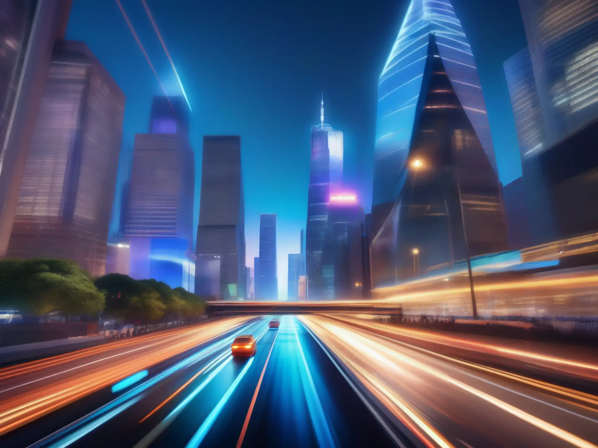 Vibrante ciudad nocturna: energía y movimiento Una ciudad bulliciosa de noche, con rascacielos iluminados por luces vibrantes