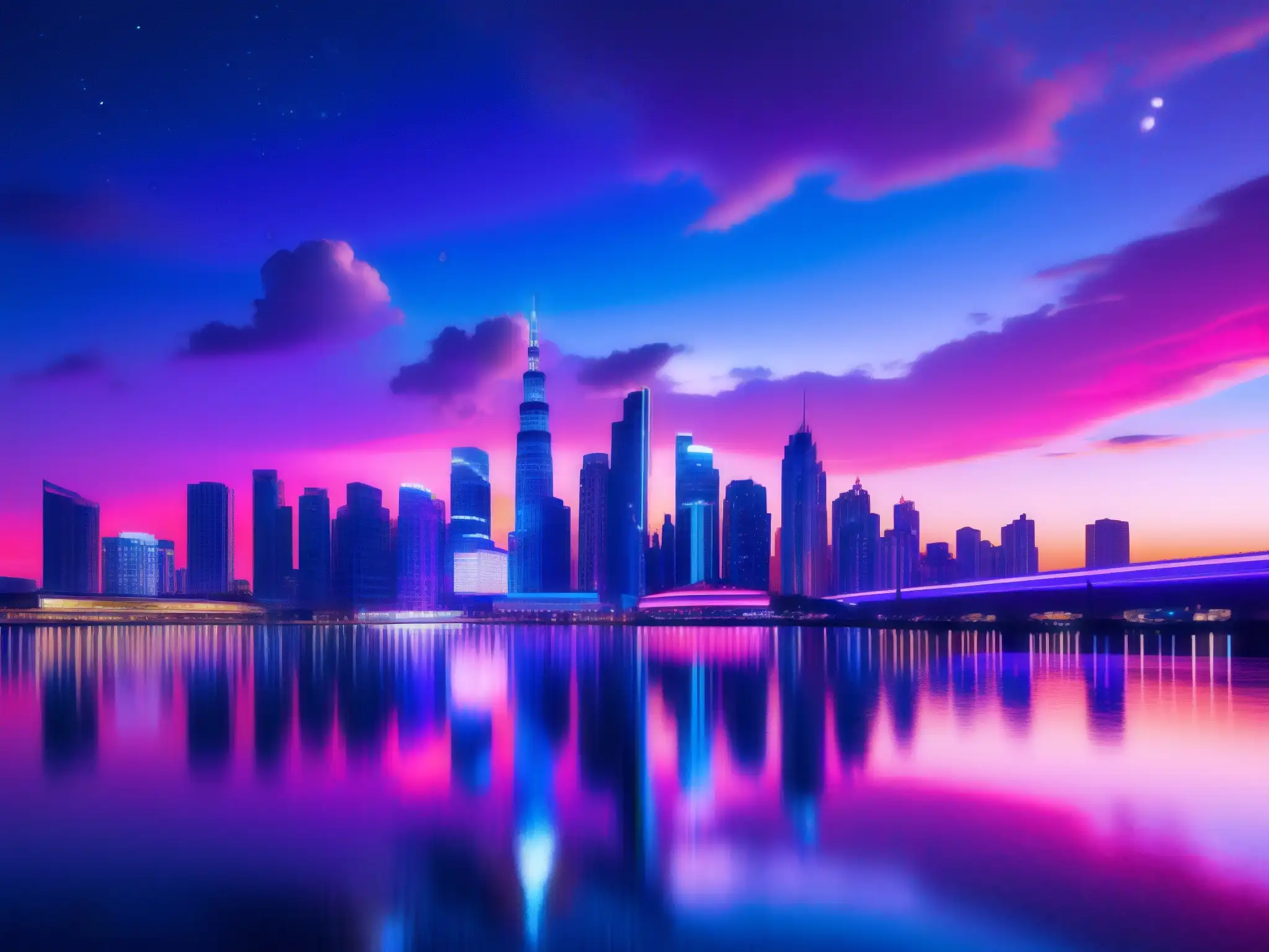 Horizonte futurista: ciudad ultramoderna iluminada Una ciudad futurista y ultramoderna a la caída del sol, con rascacielos adornados con luces de neón