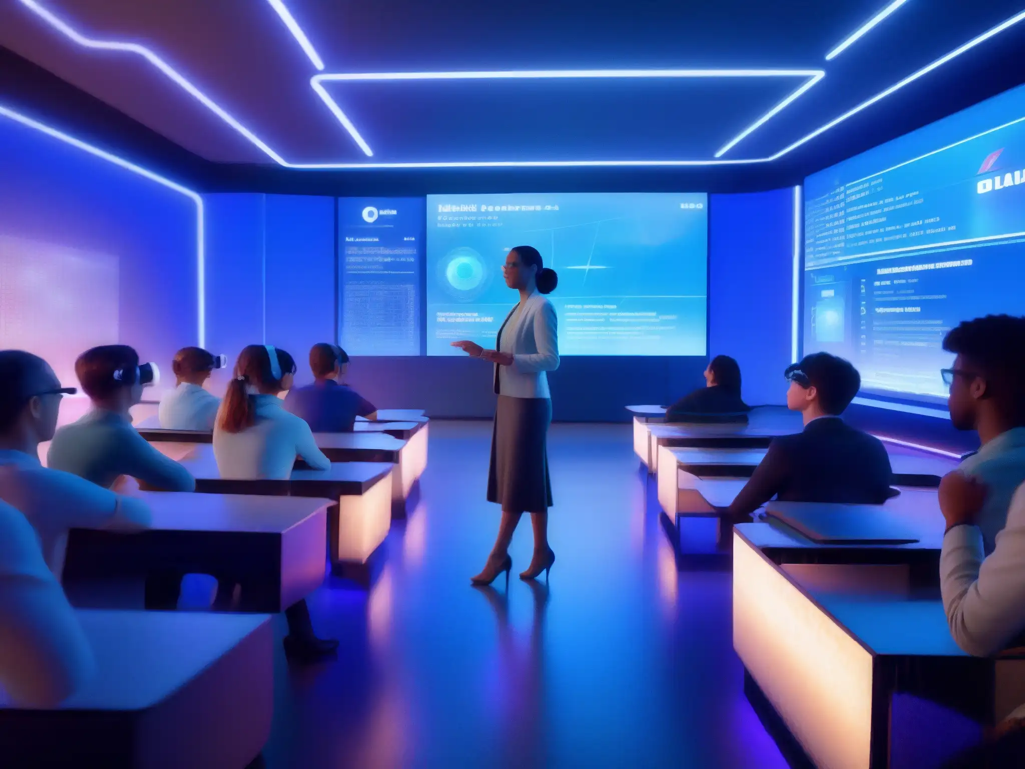 Aula del futuro con holograma y realidad virtual Clase futurista con holograma de profesor, plataformas de videoconferencia educativa con IA y estudiantes inmersos en realidad virtual