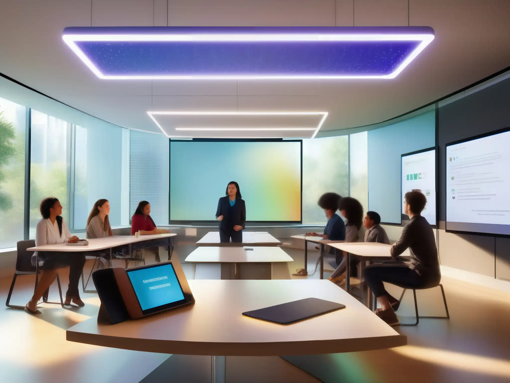Aula del futuro: Interacción virtual y tecnología avanzada Clase futurista con hologramas, pizarras digitales, videoconferencia y API personalizada, fusionando aprendizaje físico y digital