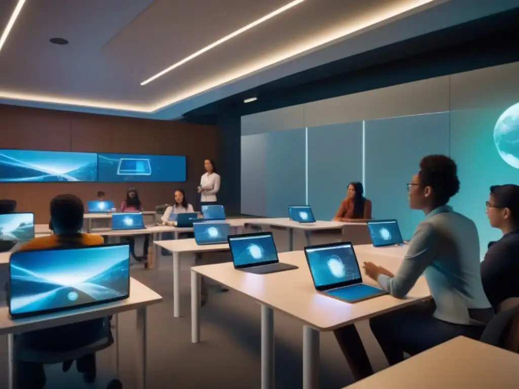 Aula del futuro: aprendizaje colaborativo con inteligencia artificial Clase futurista con inteligencia artificial en videoconferencias educativas, tecnología de vanguardia y colaboración innovadora