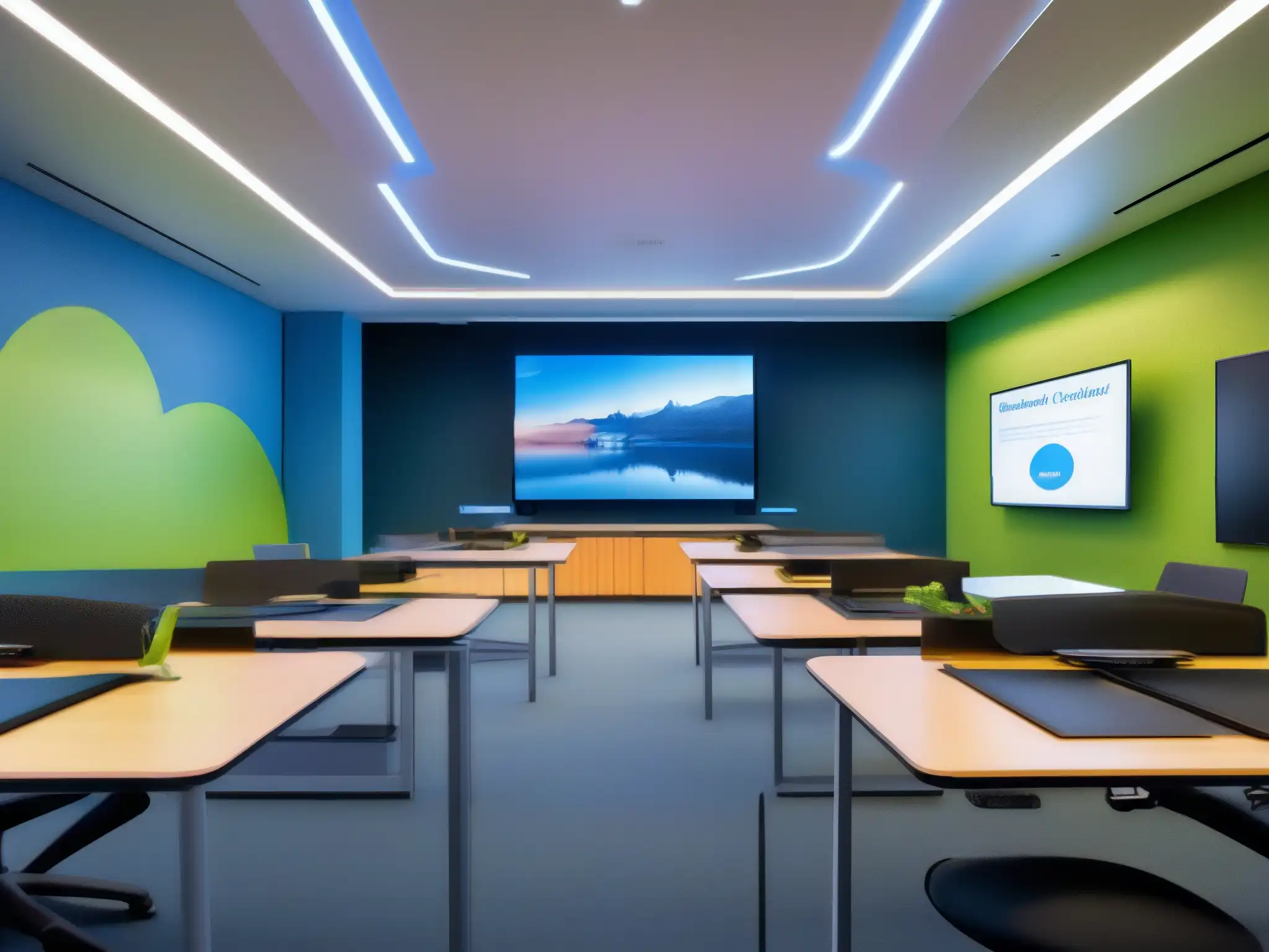 Aula del futuro: Realidad virtual y educación interactiva Clase futurista con las mejores plataformas de videoconferencia para educación online, realidad virtual y tecnología avanzada
