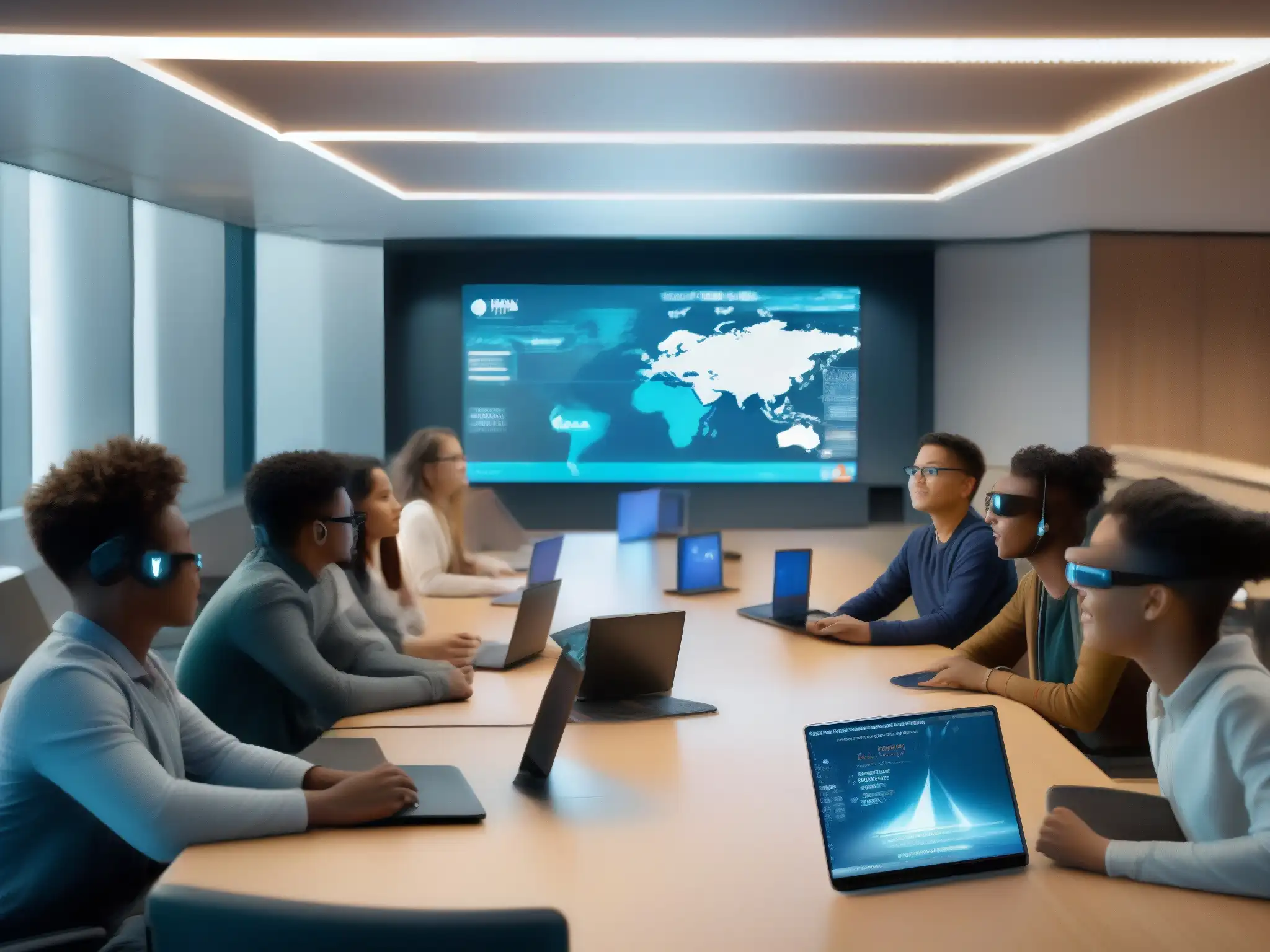 Escuela futurista: Clase virtual 5G dinámica Clase futurista con tecnología 5G, influencia del 5G en videoconferencias educativas, estudiantes participando en lección virtual