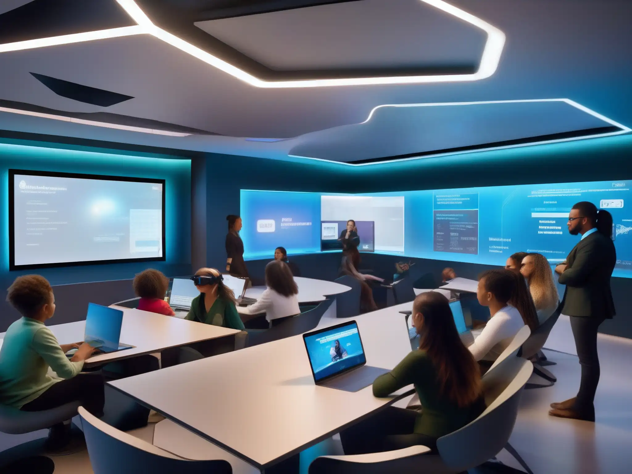 Aula del Futuro: Innovación y Aprendizaje Virtual Clase futurista con tecnología innovadora y estudiantes usando auriculares de realidad virtual