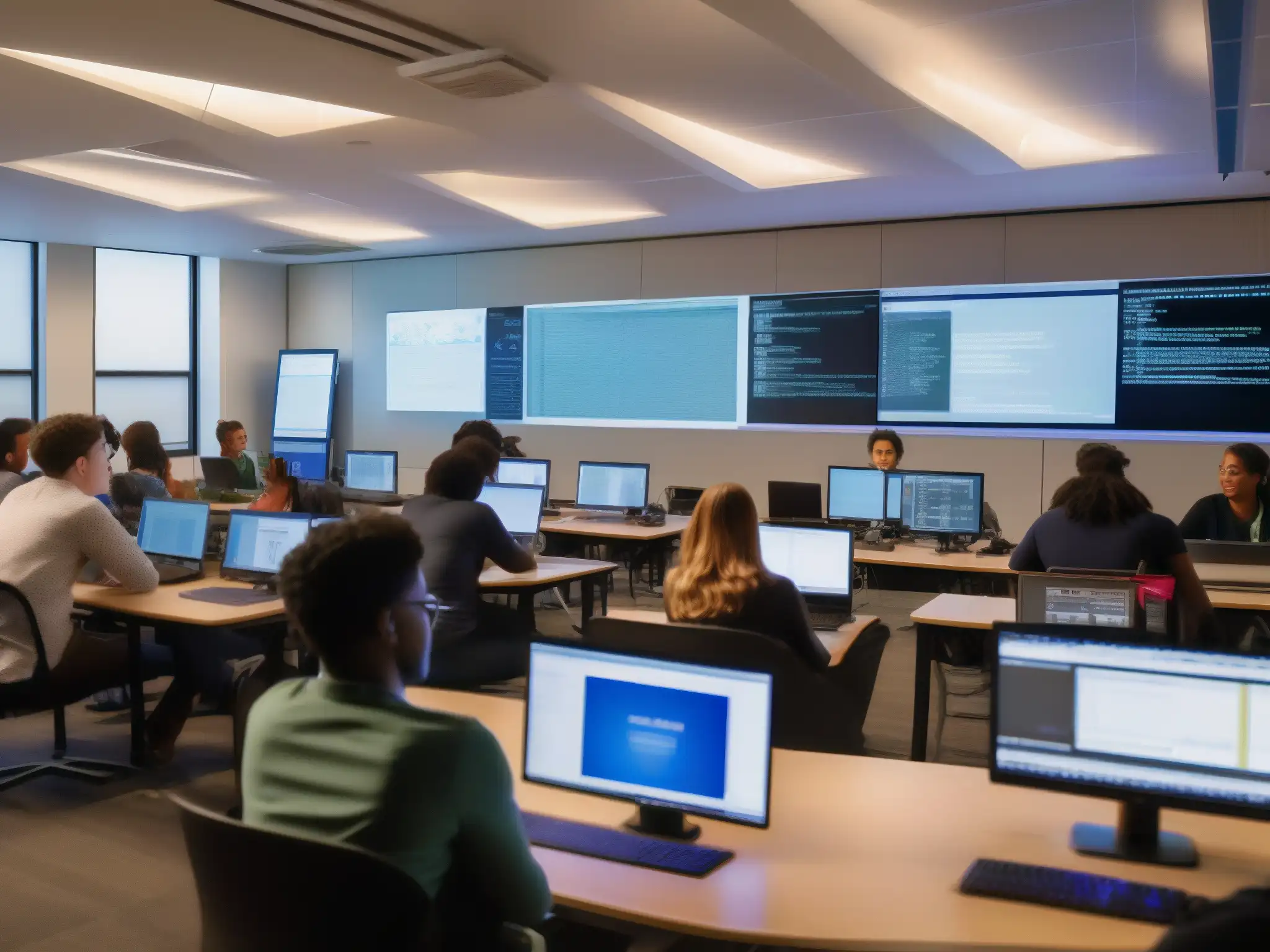 Aula de informática con colaboración en Discord Clase de informática con Discord en pantalla, estudiantes trabajando en laptops y maestro liderando la discusión