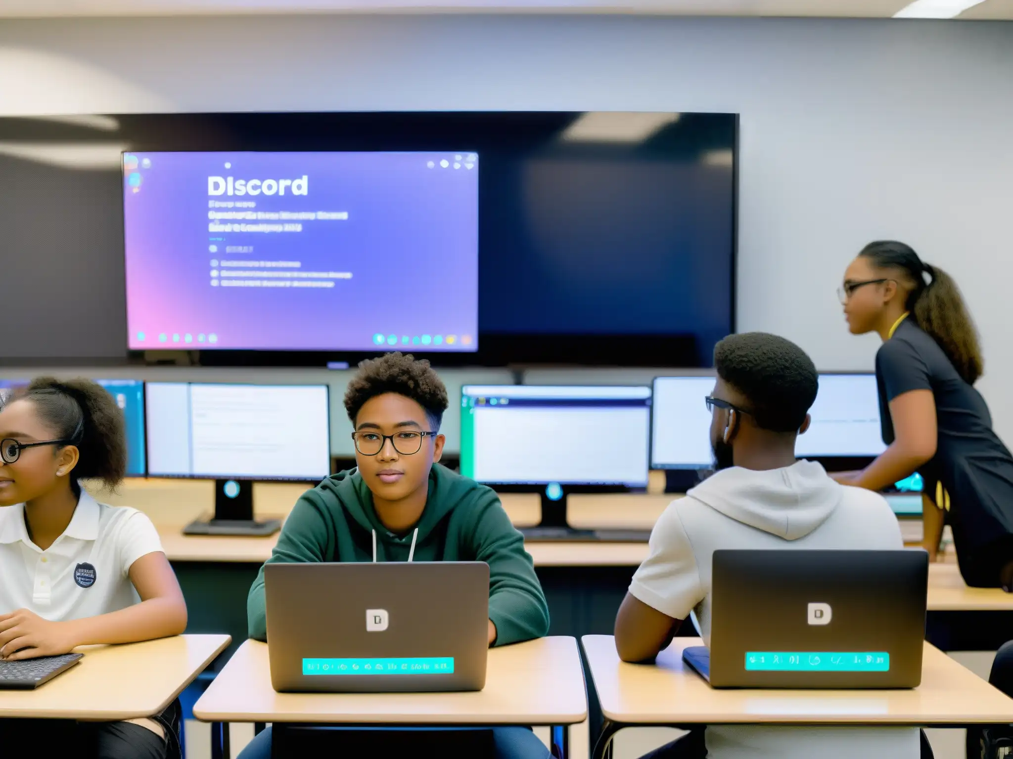 Aula virtual dinámica con Discord para programación Clase de informática con Discord en acción: estudiantes colaborando en proyectos de programación mientras el profesor guía la discusión