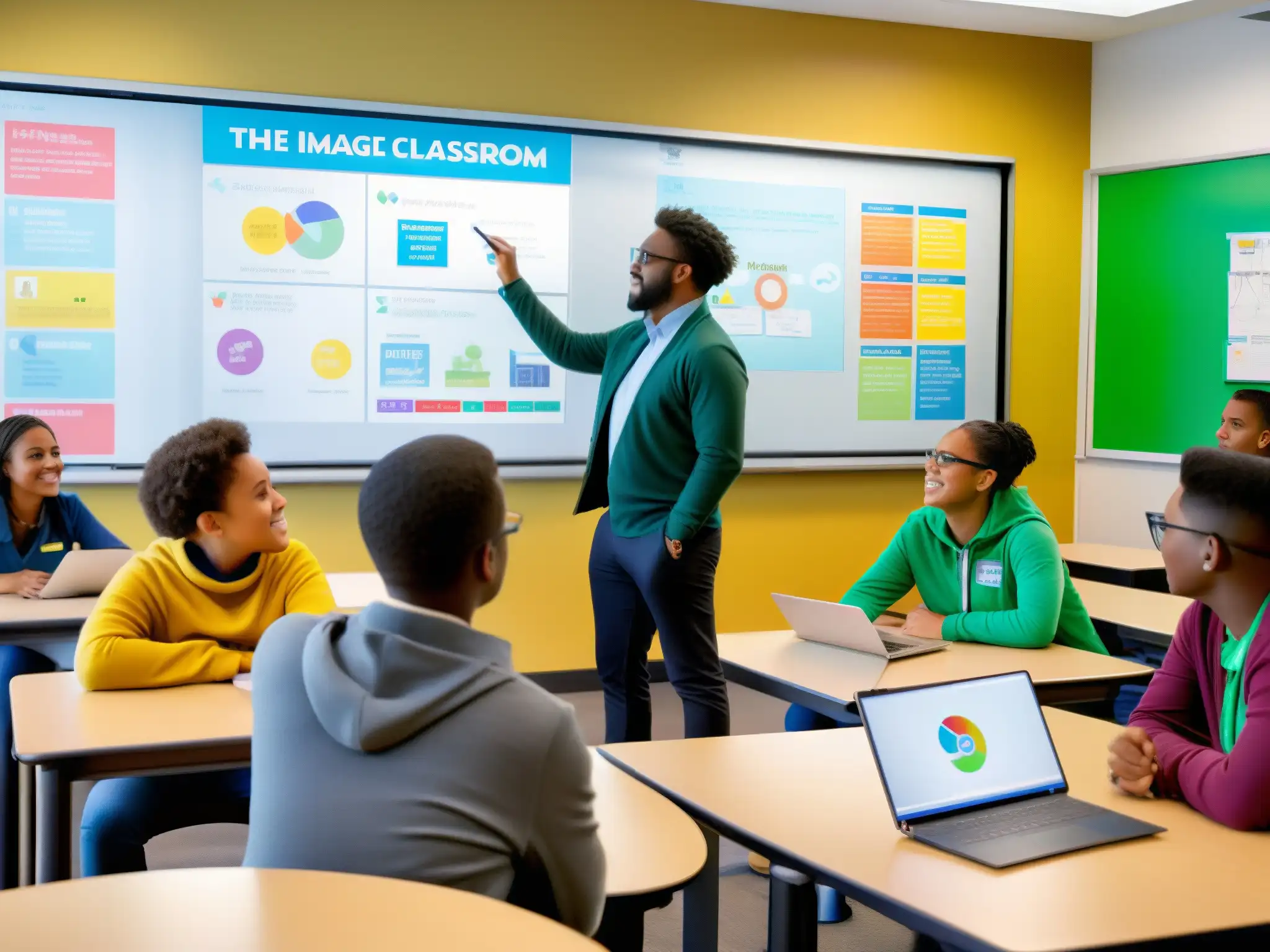 Aula moderna con Jitsi Meet: colaboración y aprendizaje Clase moderna con colaboración y tecnología, resaltando Jitsi Meet: alternativa gratuita y segura para educación