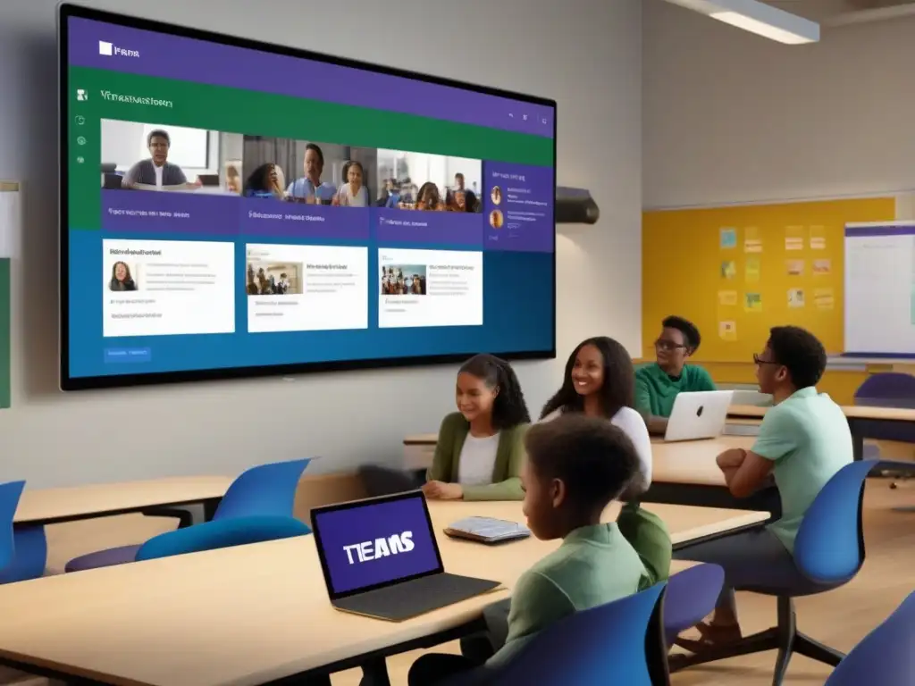 Aula digital: colaboración con Microsoft Teams Clase moderna con estudiantes usando Microsoft Teams para maximizar potencial didáctico en ambiente educativo dinámico