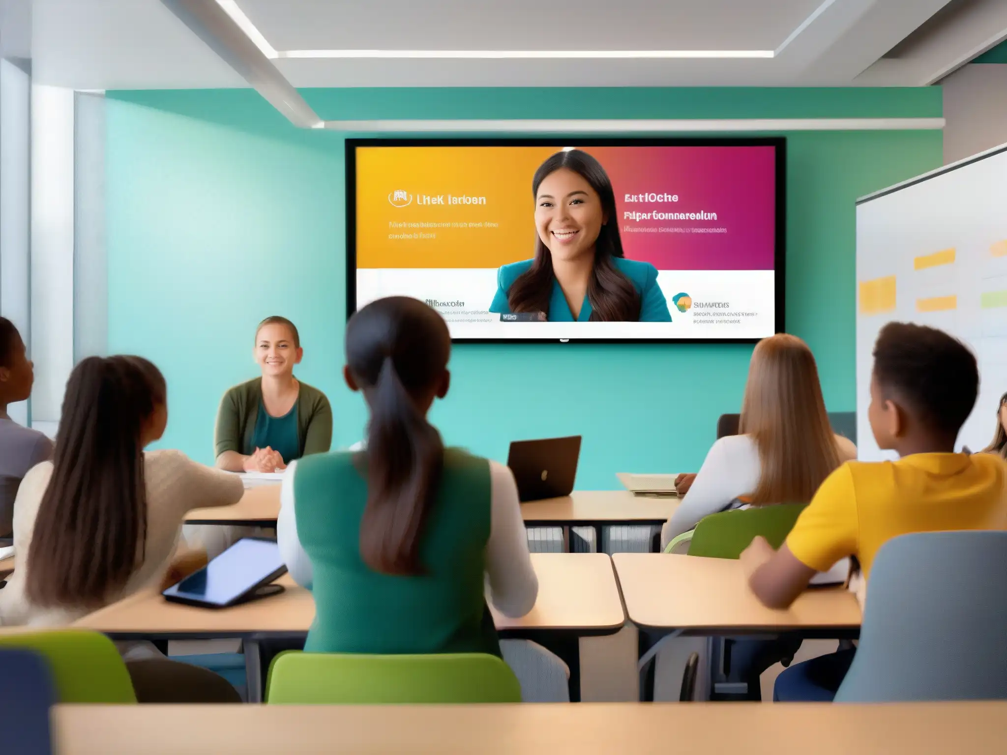 Aula moderna: aprendizaje inmersivo con Webex Clase moderna con impacto de Webex en educación: estudiantes atentos y maestro guiando una lección virtual en pantalla grande
