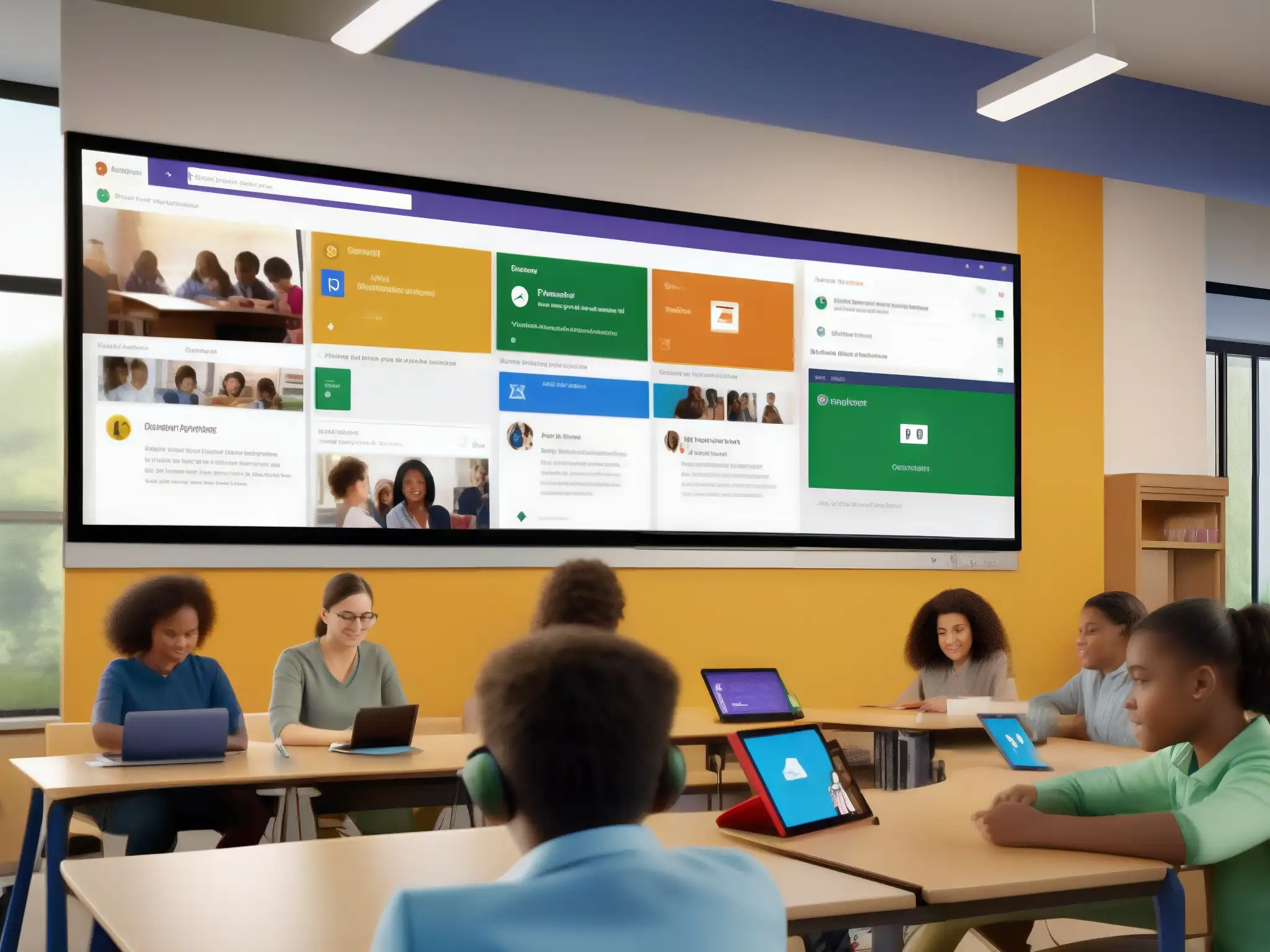 Entorno educativo colaborativo con Microsoft Teams y Google Classroom Clase moderna con integración de Microsoft Teams y Google Classroom para comparativa Microsoft Teams vs Google Classroom