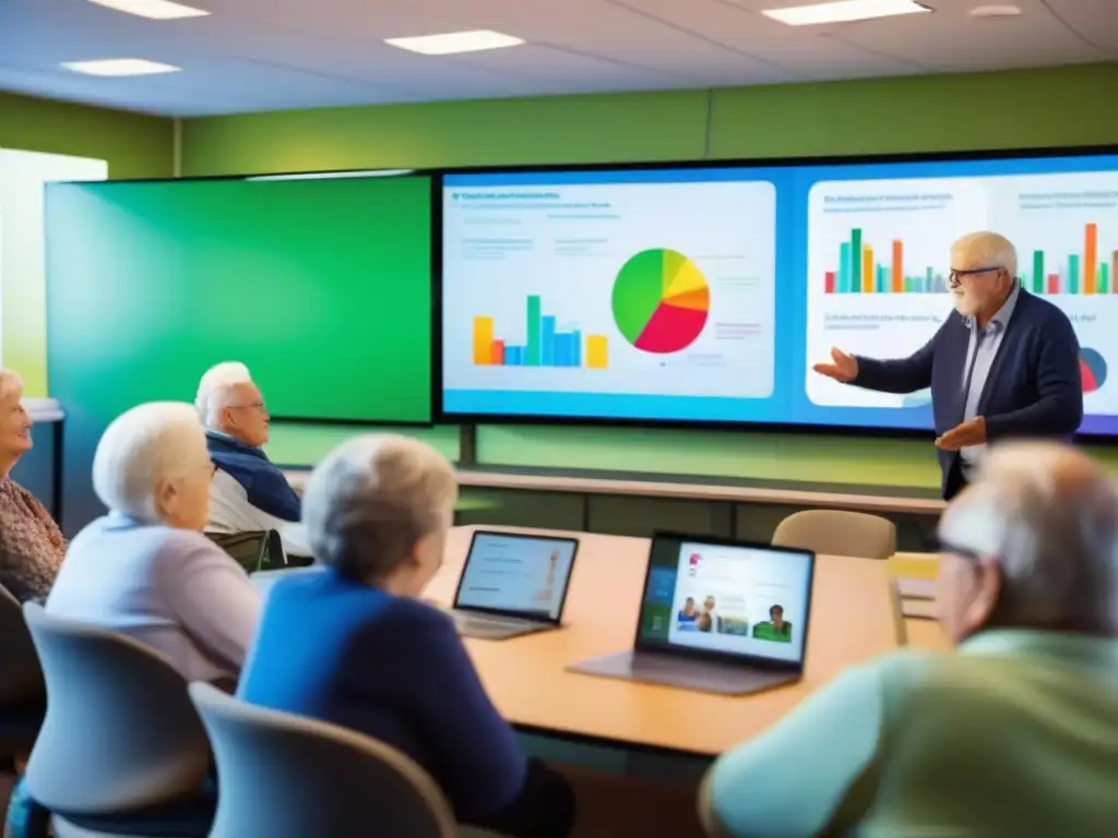 Taller de tecnología para adultos mayores: inclusión y empoderamiento Clase moderna llena de tecnología, donde mayores aprenden videoconferencias