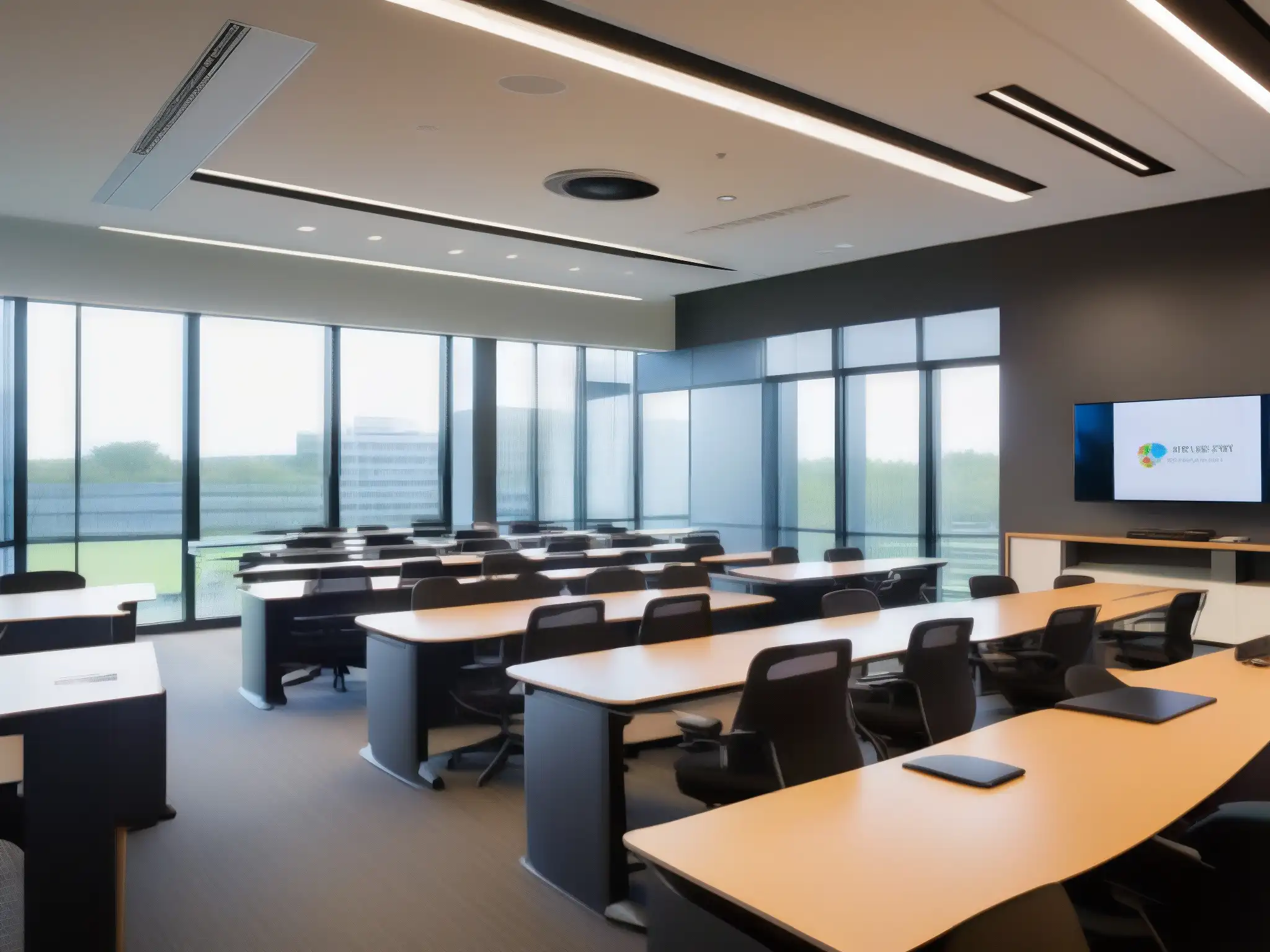 Aula virtual moderna y luminosa: integración tecnológica Clase moderna con seguridad en videoconferencias educativas, ambiente luminoso y tecnología integrada