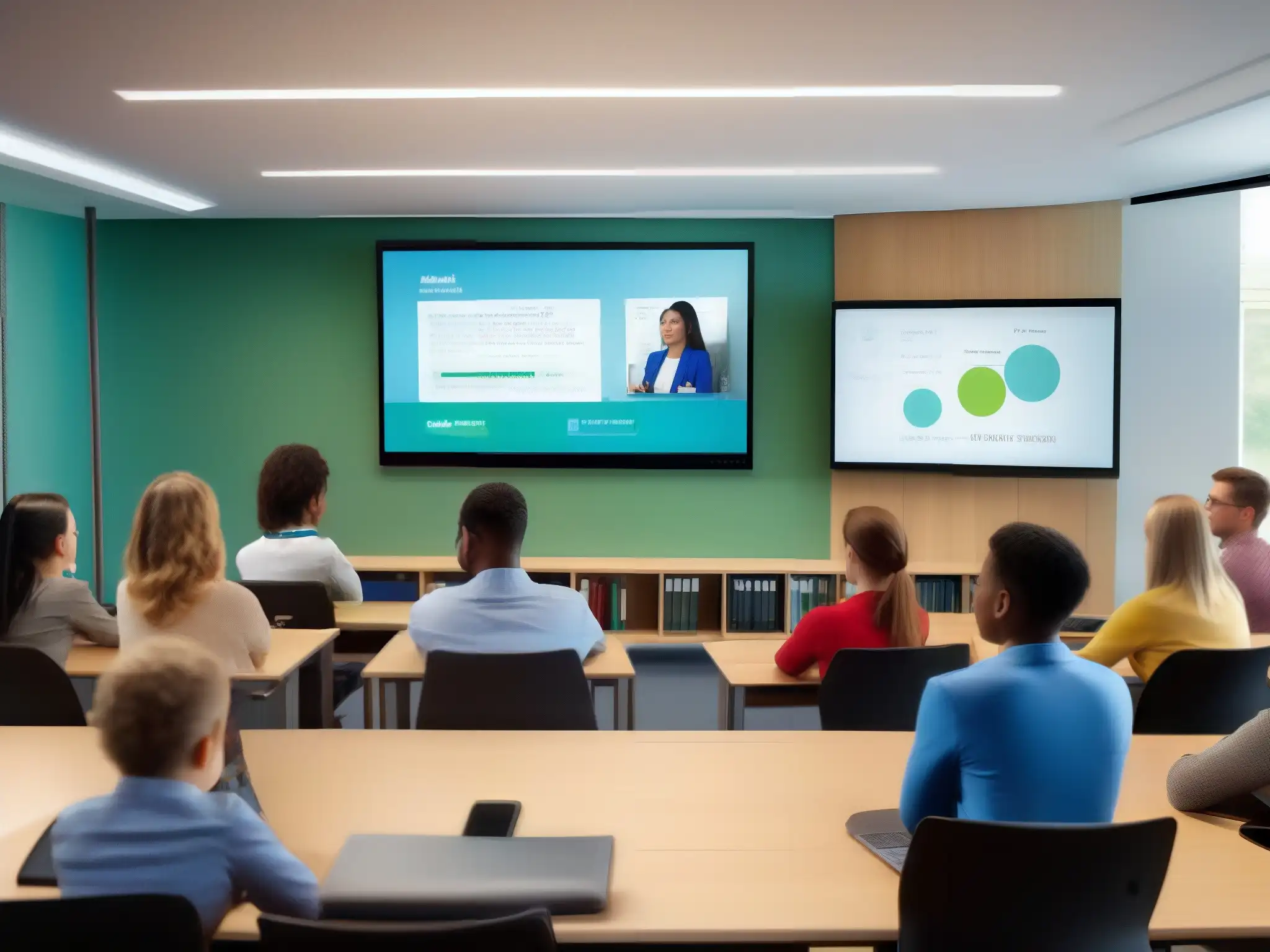 Aula virtual segura: estudiantes y profesor en videoconferencia Una clase moderna con seguridad en videoconferencias educativas, promoviendo un ambiente educativo seguro y profesional