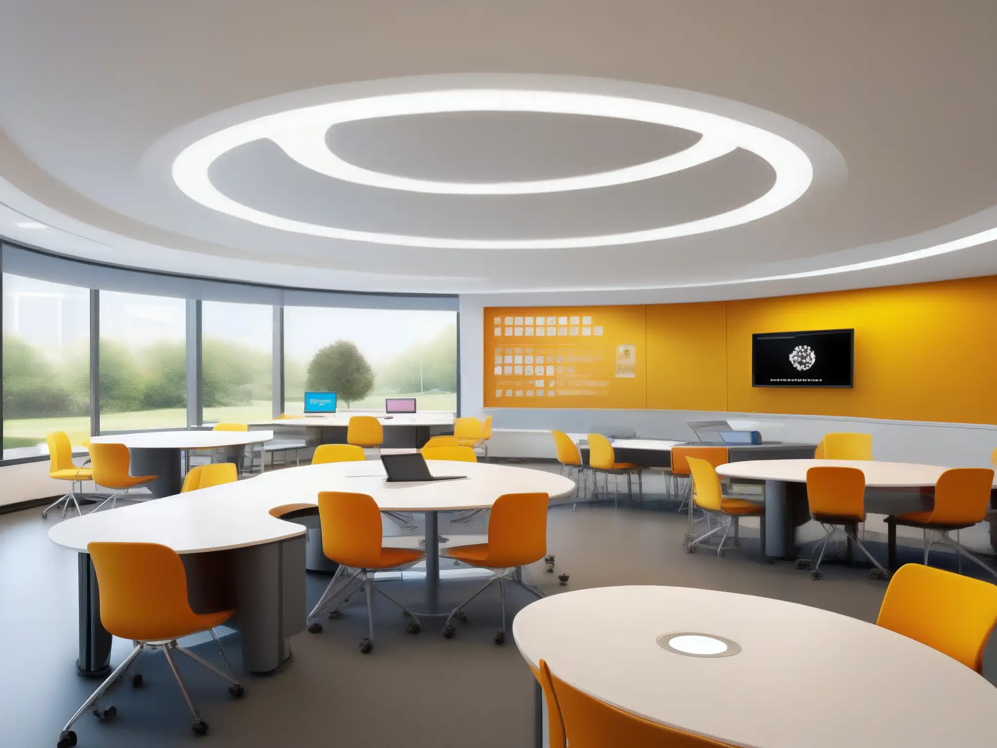 Aula moderna con tecnología de vanguardia y ambiente dinámico Clase moderna con tecnología, luz natural y pizarrón interactivo