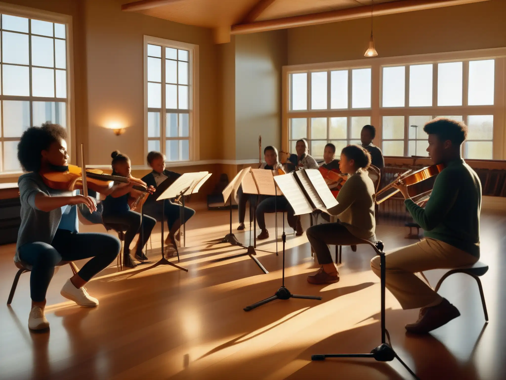 Armonía musical: estudiantes inmersos en la pasión de la música Una clase de música llena de diversidad, con estudiantes concentrados en sus instrumentos y partituras, mientras el maestro dirige con pasión