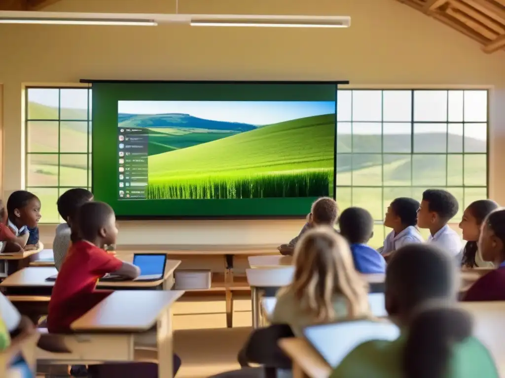 Aprendizaje interactivo en aula rural con tecnología moderna Una clase rural con estudiantes diversos participando entusiasmados en una lección online