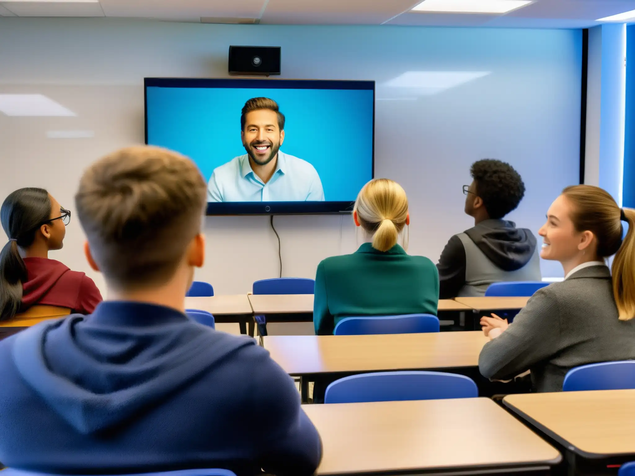 Clase virtual con profesor y estudiantes atentos Clase en videoconferencia, estudiantes atentos a estrategias retención estudiantil, ambiente de aprendizaje interactivo