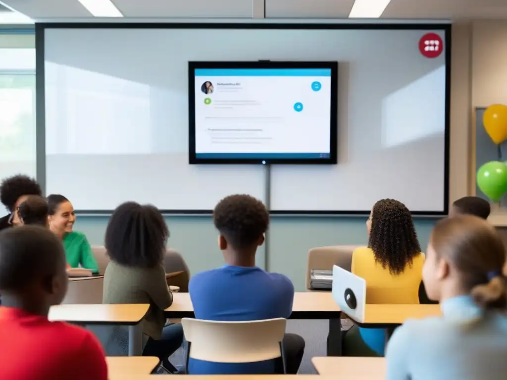 Estudiantes y maestro en clase virtual de Skype Una clase virtual activa con estudiantes diversos participando en una sesión educativa en línea a través de Skype, destacando la efectividad de Skype como herramienta de educación en línea