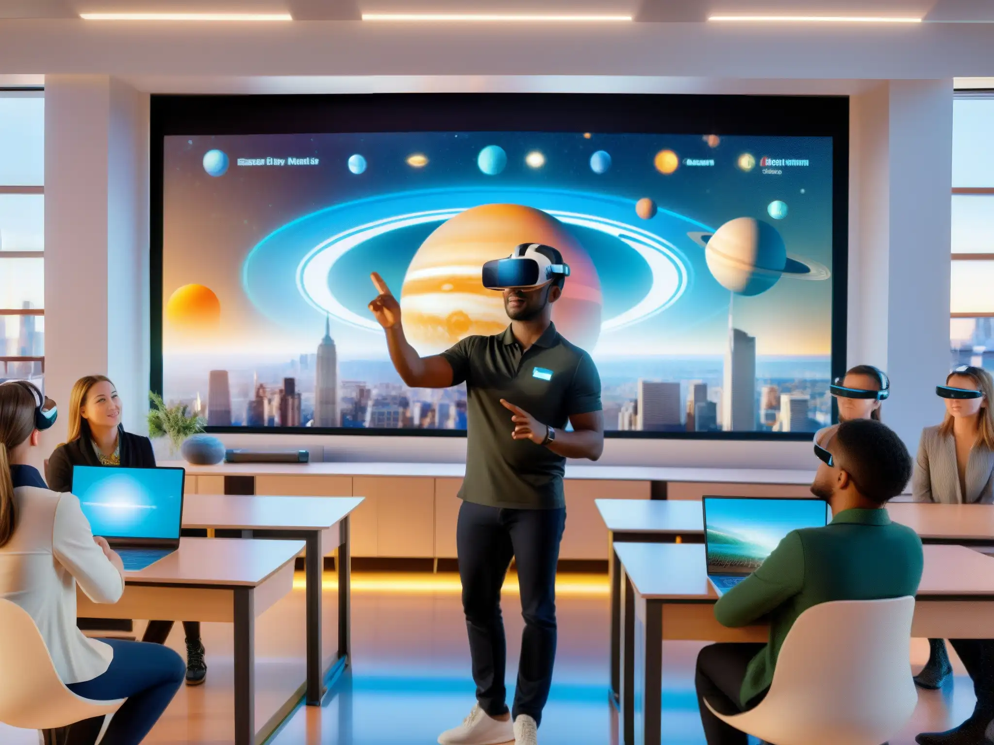 Aula virtual con realidad aumentada y modelo holográfico del sistema solar Clase virtual con estudiantes usando VR, contenido educativo interactivo y ciudad futurista en ventanas virtuales