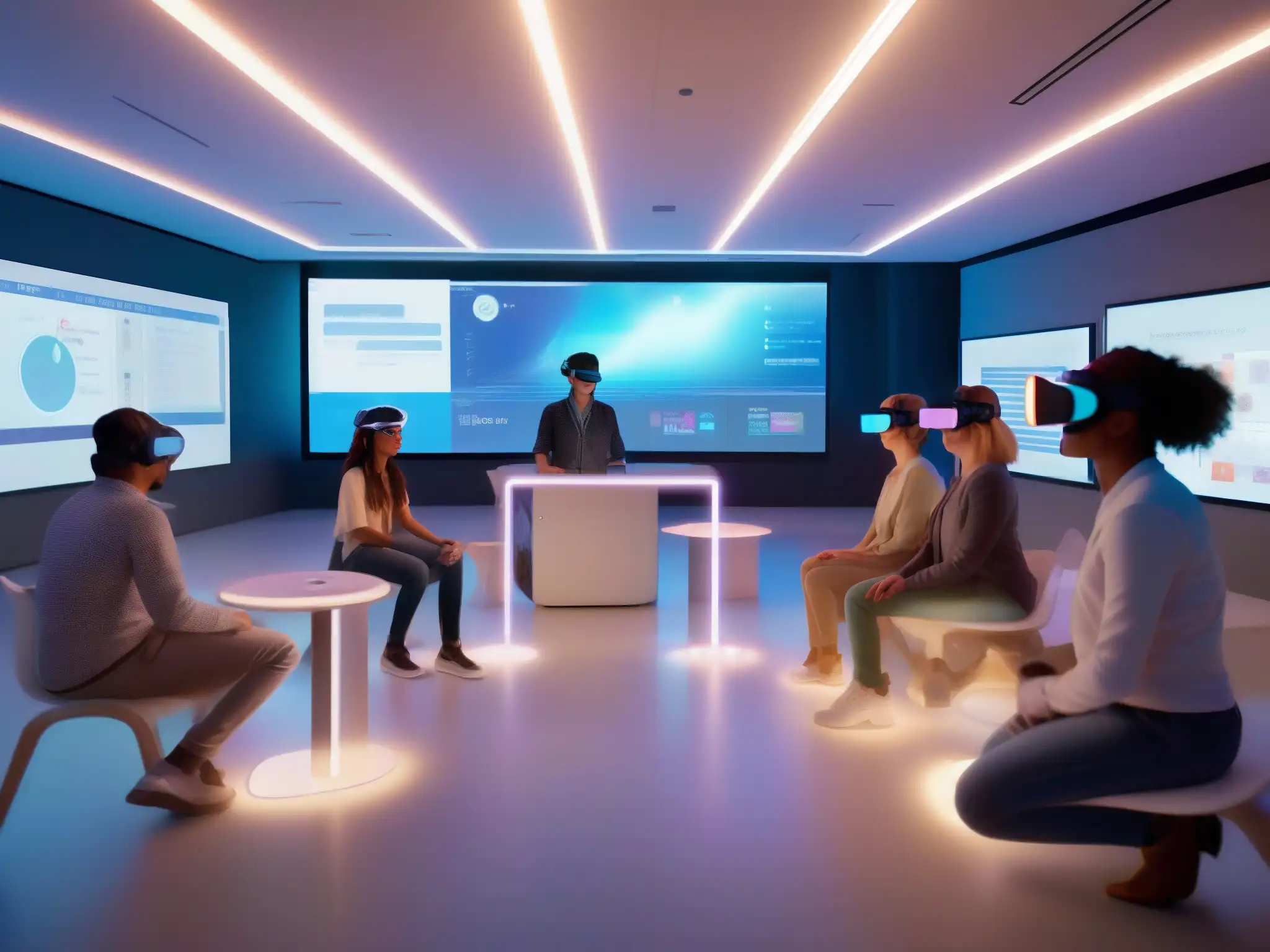 Aula virtual futurista: enseñanza holográfica y participación interactiva Clase virtual con estudiantes usando visores VR, interactuando con maestro holográfico