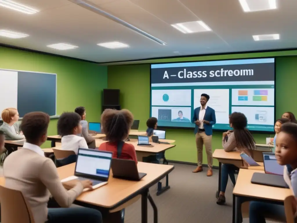Clase virtual inmersiva con tecnología avanzada Una clase virtual moderna con estudiantes participando desde diferentes lugares, usando equipos de alta calidad