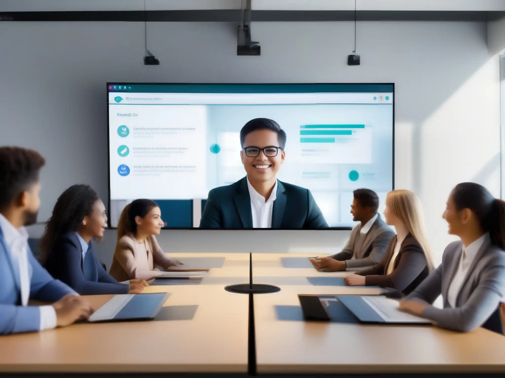 Clase virtual segura y profesional con estudiantes y maestro Una clase virtual segura y profesional con estudiantes y un profesor participando en una lección interactiva en línea
