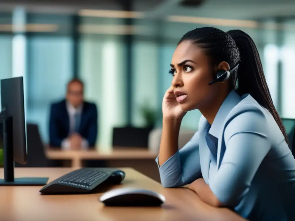 Frustración en videoconferencia: la lucha de un cliente Cliente frustrado intentando usar herramientas de videoconferencia, reflejando la usabilidad de las mismas